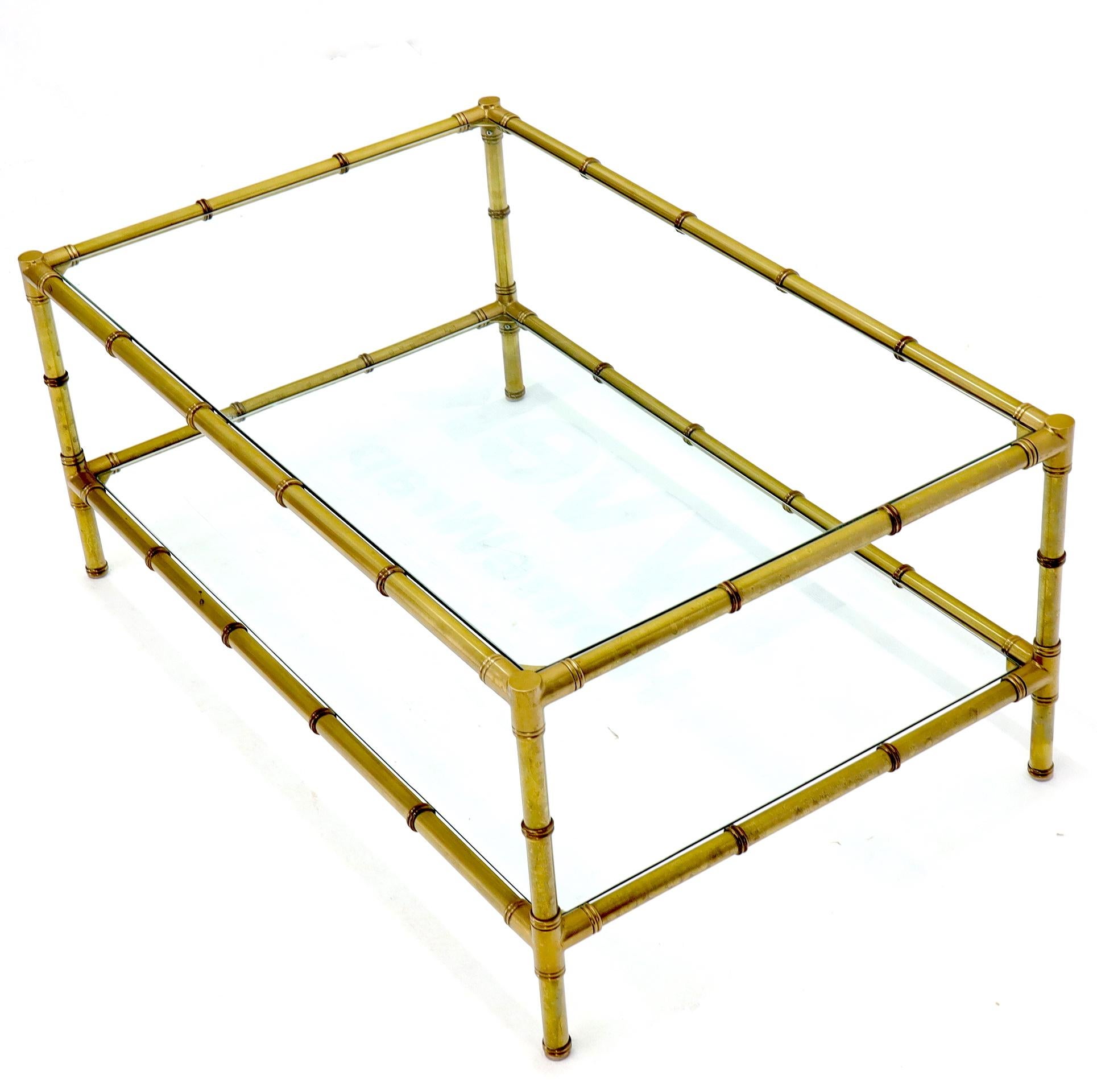 Italian Mid-Century Modern Faux Bamboo Machined Brass Rectangle Two-Tier Coffee For Sale 6