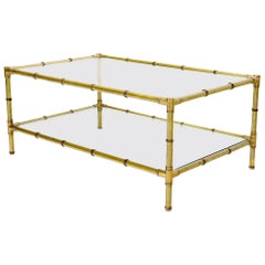 Vintage Italian Mid-Century Modern Faux Bamboo Machined Brass Rectangle Two-Tier Coffee