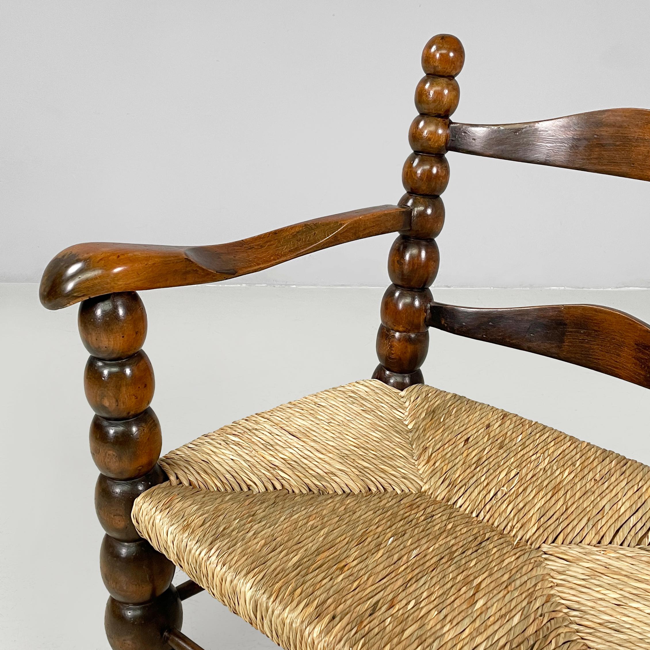 Straw Italian mid-century modern finely crafted armchairs in wood and straw, 1960s For Sale