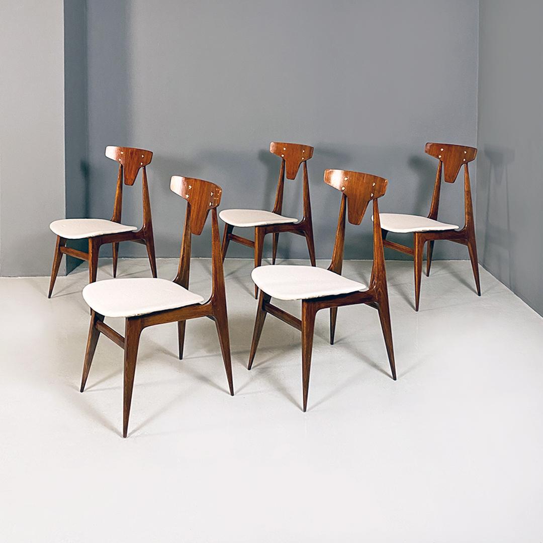 Italian Mid-Century Modern Five Wooden and White Cotton Dining Chairs, 1950s In Good Condition In MIlano, IT