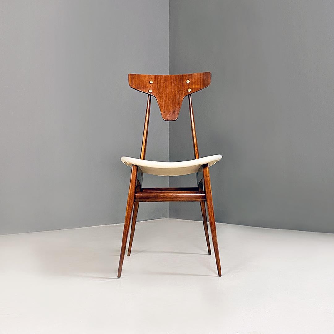 Italian Mid-Century Modern Five Wooden and White Cotton Dining Chairs, 1950s 1