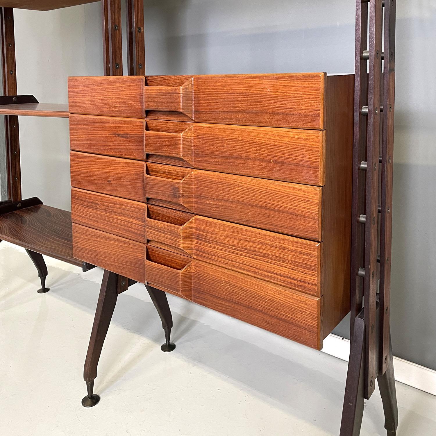 Italian mid-century modern floor-to-ceiling wood and brass bookcase, 1960s 6