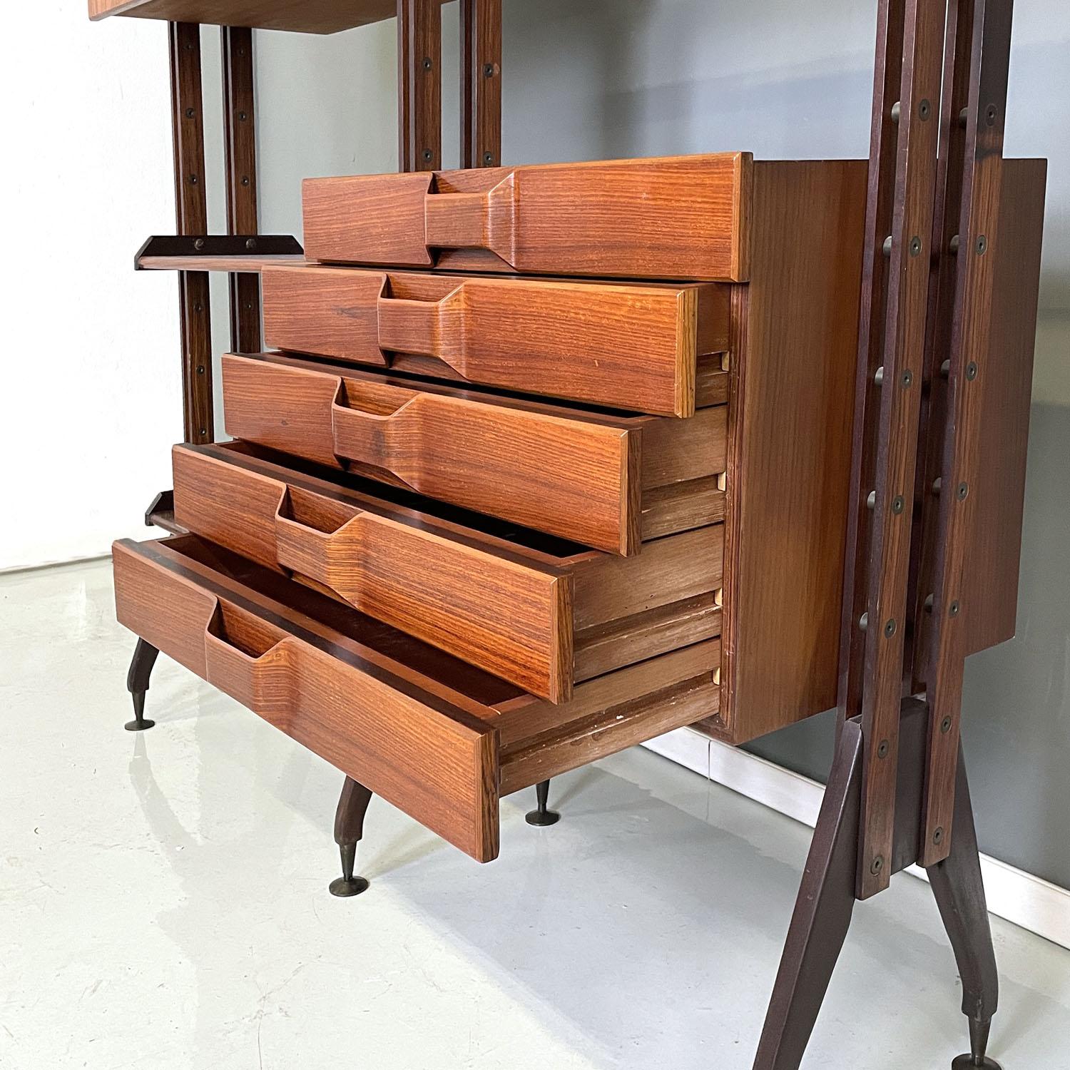 Italian mid-century modern floor-to-ceiling wood and brass bookcase, 1960s 8