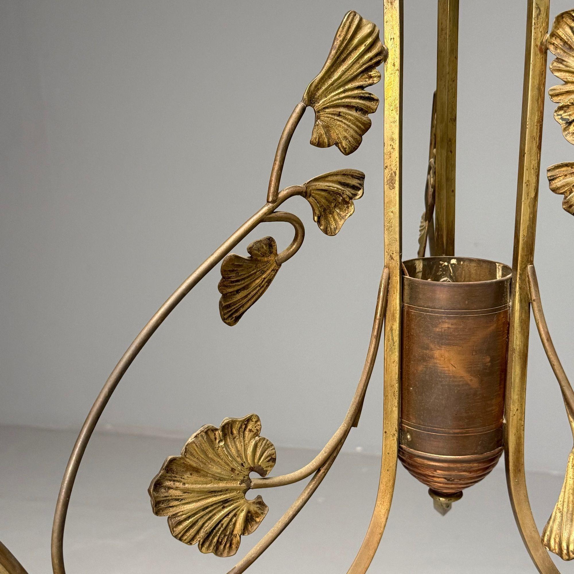 Inizio XX secolo Lampadario floreale italiano del Mid-Century Modern, ottone, rame, Italia, anni '20 in vendita
