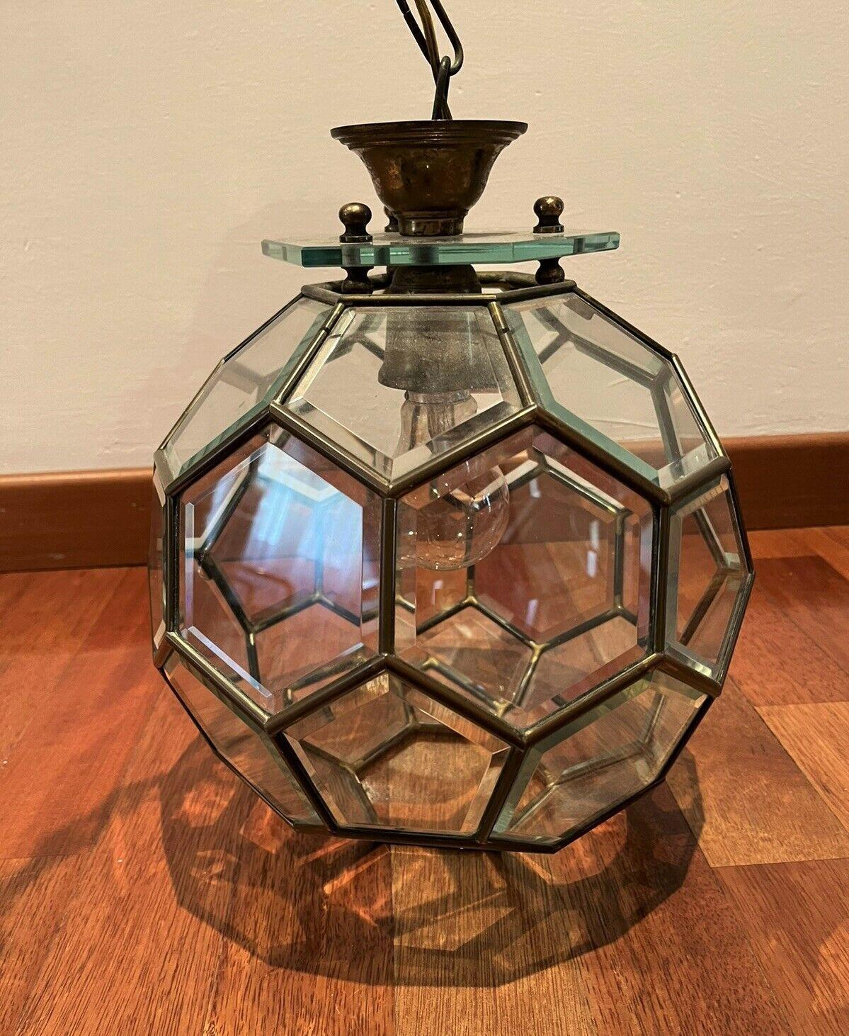 Fontana Arte Faceted Ultra Clear Glass Brass Frame Pendant, Lantern, Italy 1950s 5