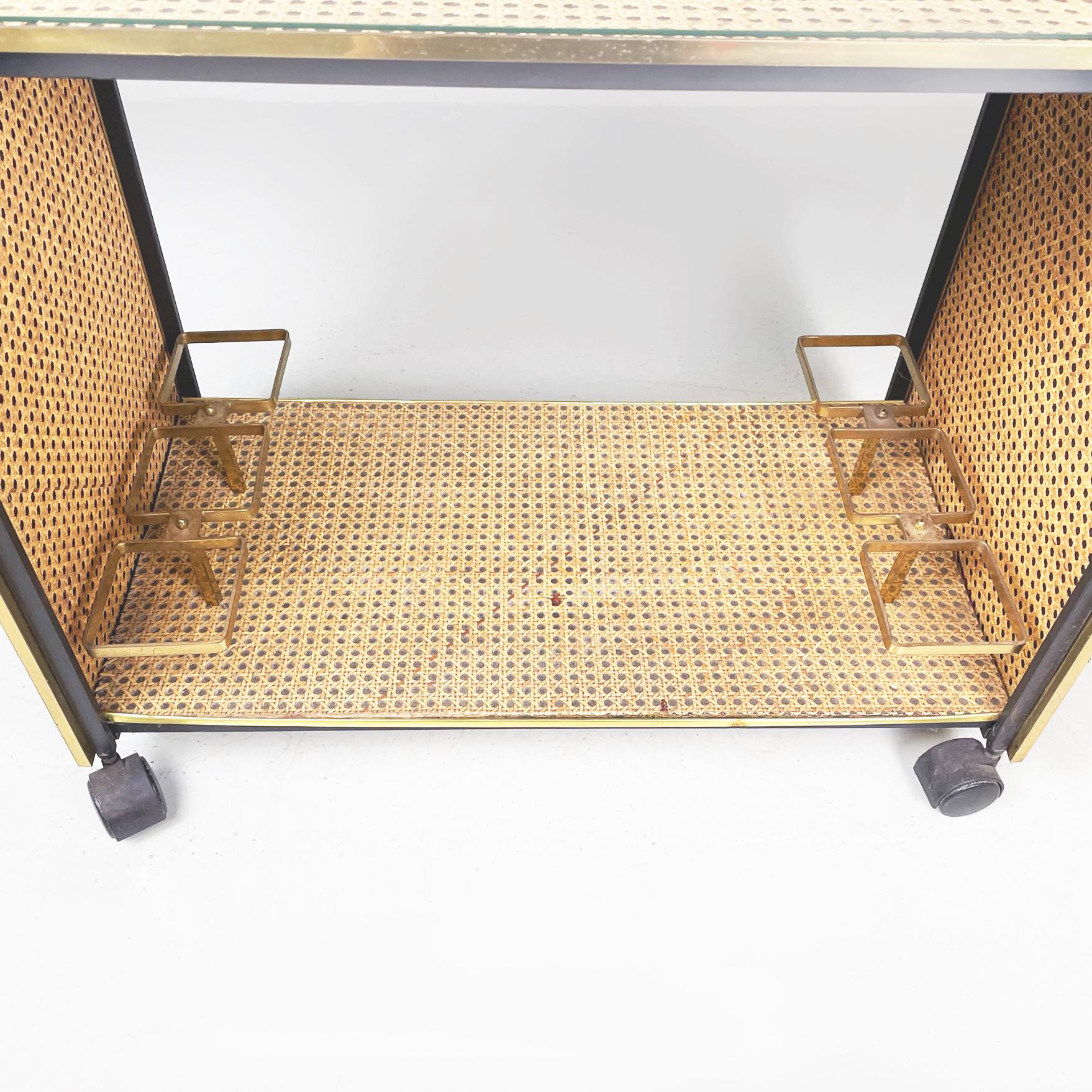 Italian Mid-Century Modern Food Cart in Straw, Black Metal, Brass, Glass, 1950s 5