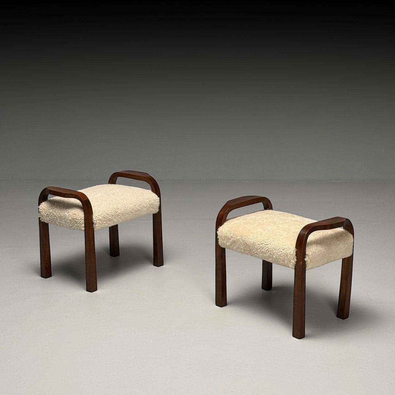 Italian Mid-Century Modern, Footstools, Beige Shearling, Mahogany, Italy, 1950s In Good Condition For Sale In Manhasset, NY