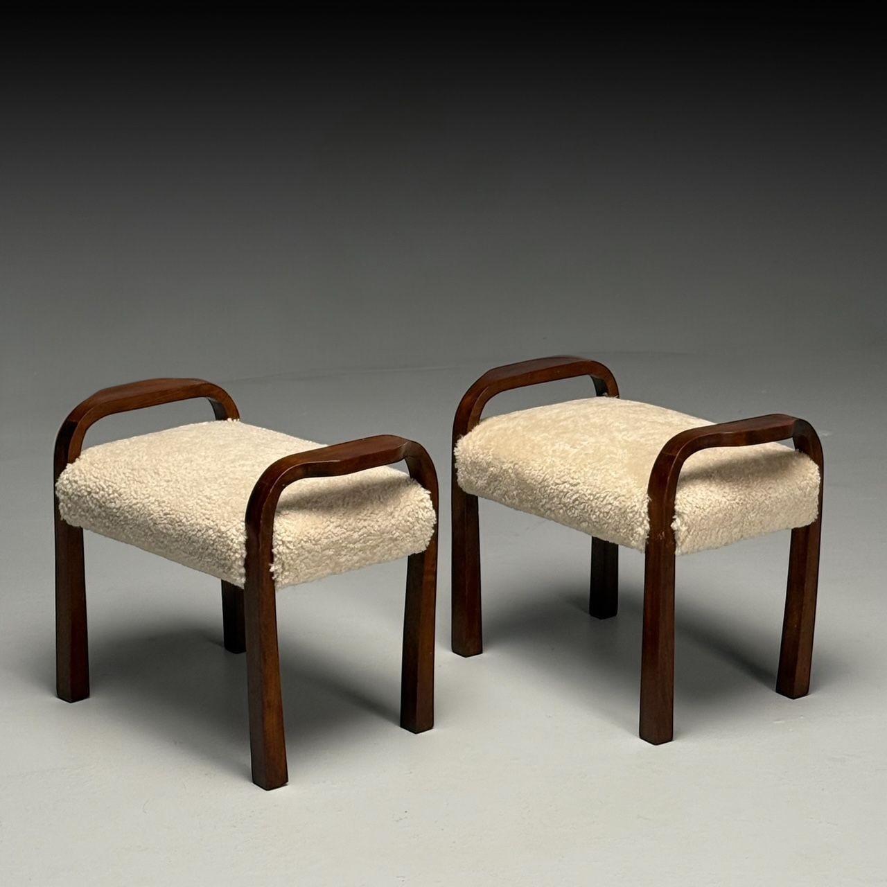Mid-20th Century Italian Mid-Century Modern, Footstools, Beige Shearling, Mahogany, Italy, 1950s For Sale