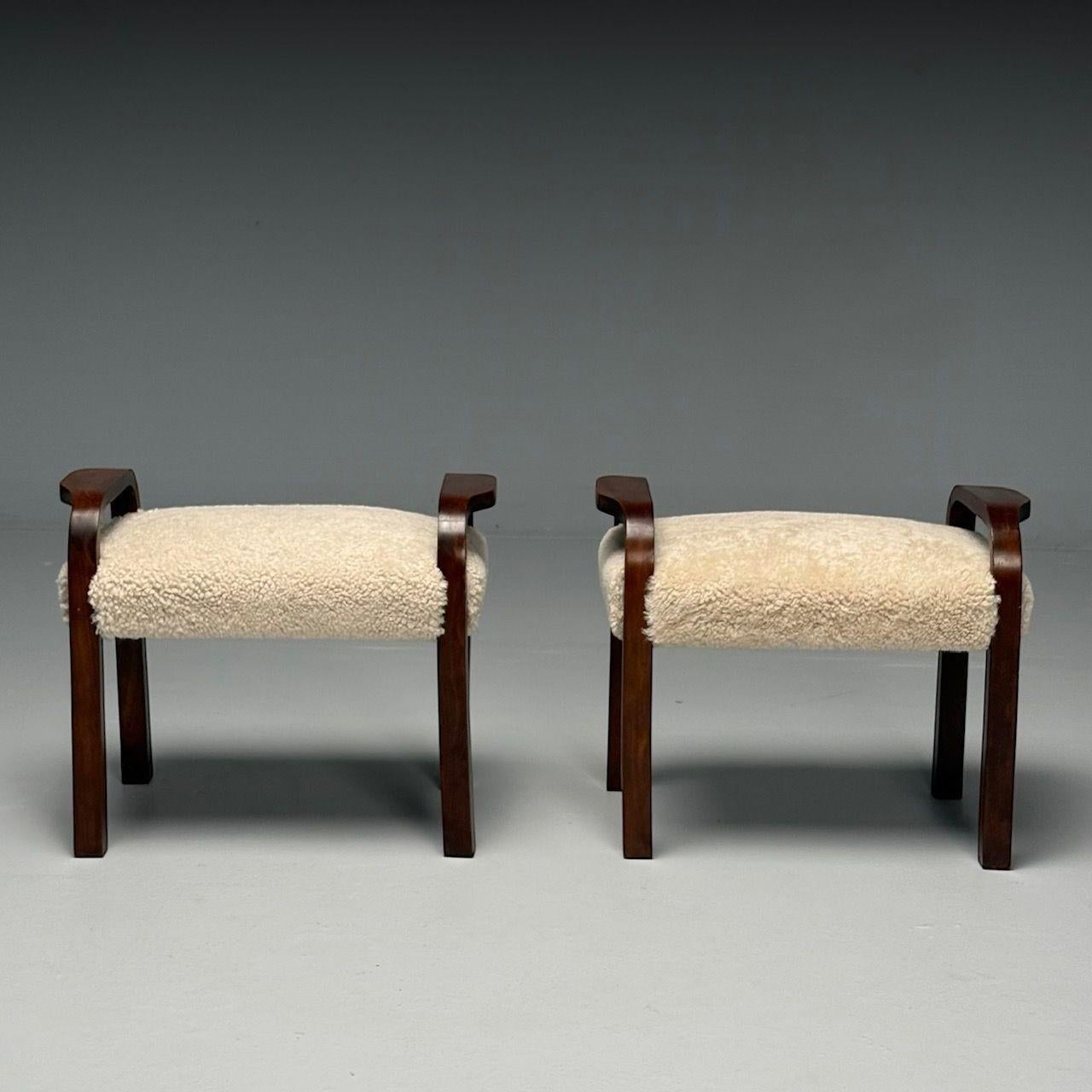 Sheepskin Italian Mid-Century Modern, Footstools, Beige Shearling, Mahogany, Italy, 1950s For Sale
