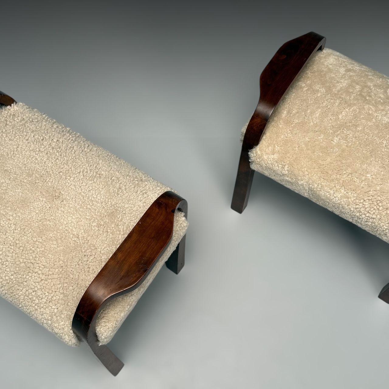 Italian Mid-Century Modern, Footstools, Beige Shearling, Mahogany, Italy, 1950s For Sale 1