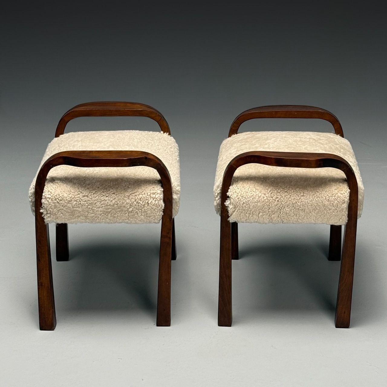 Italian Mid-Century Modern, Footstools, Beige Shearling, Mahogany, Italy, 1950s For Sale 2