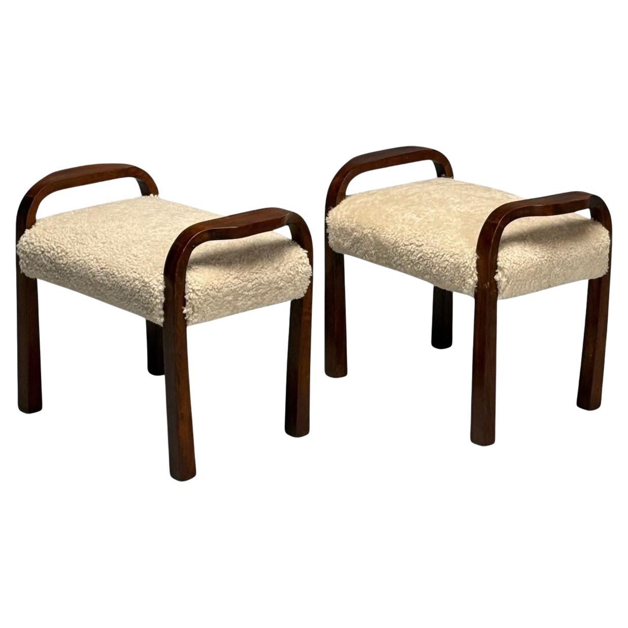 Italian Mid-Century Modern, Footstools, Beige Shearling, Mahogany, Italy, 1950s For Sale