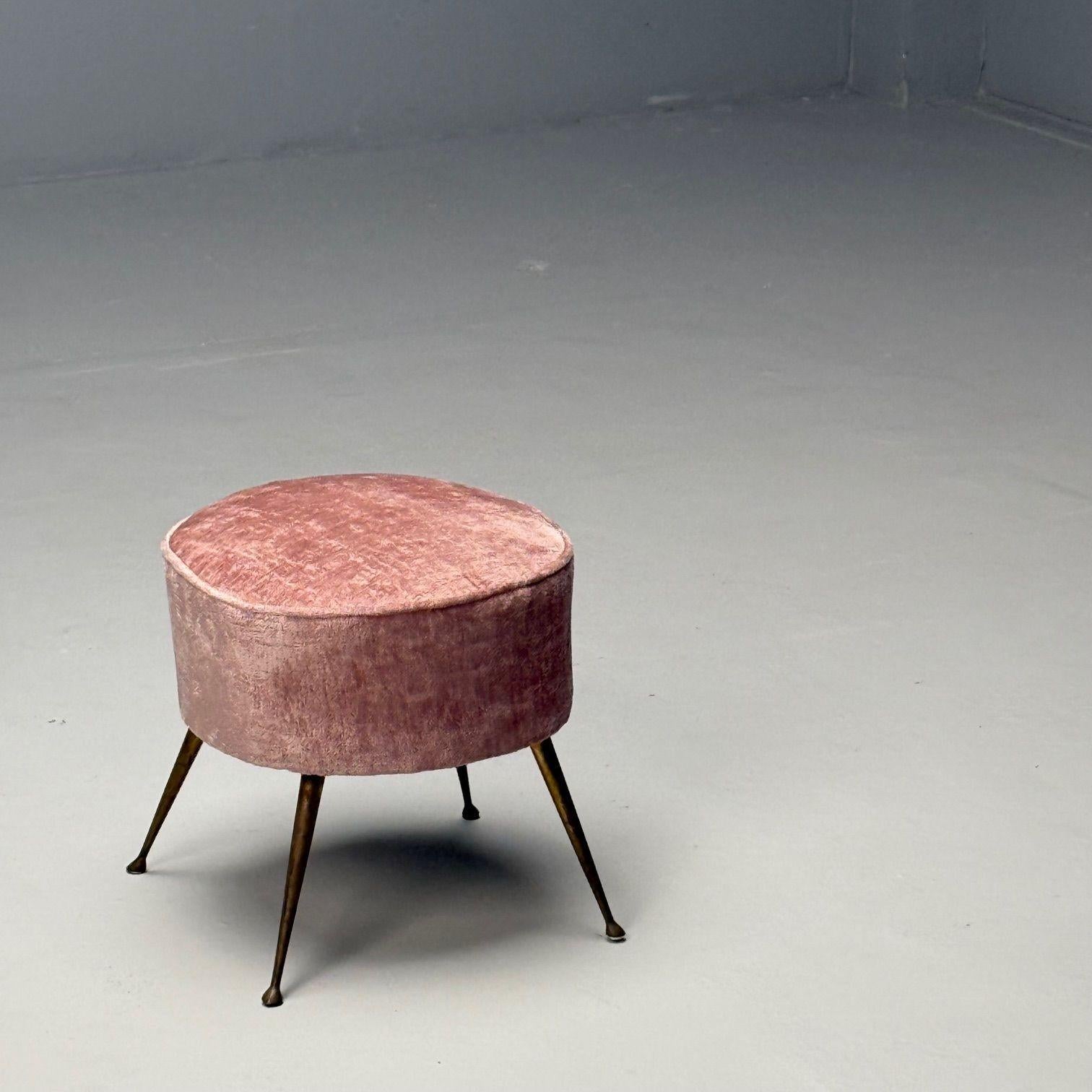 Mid-20th Century Italian Mid-Century Modern, Footstools, Patinated Brass, Pink Velvet, 1950s For Sale