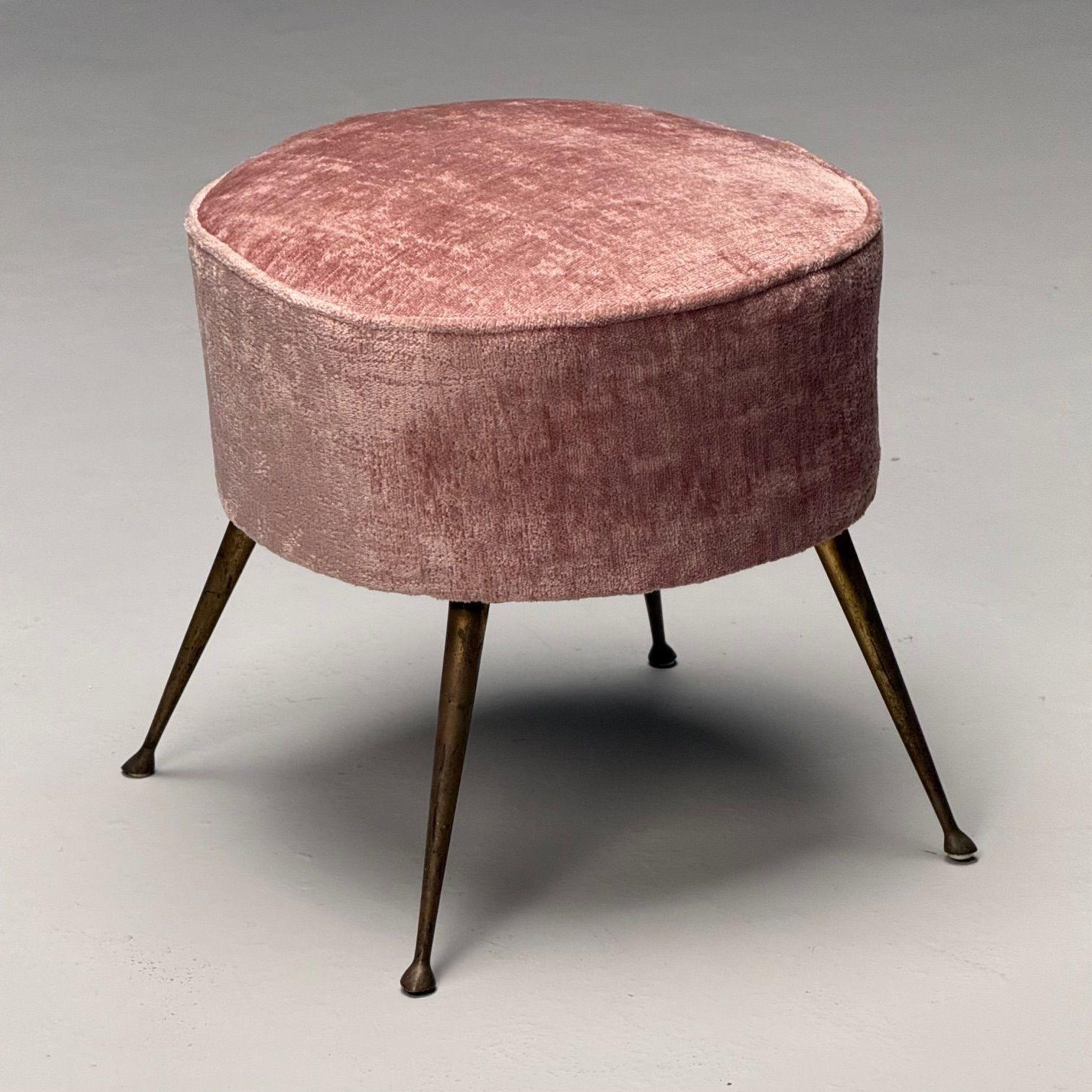 Italian Mid-Century Modern, Footstools, Patinated Brass, Pink Velvet, 1950s For Sale 1