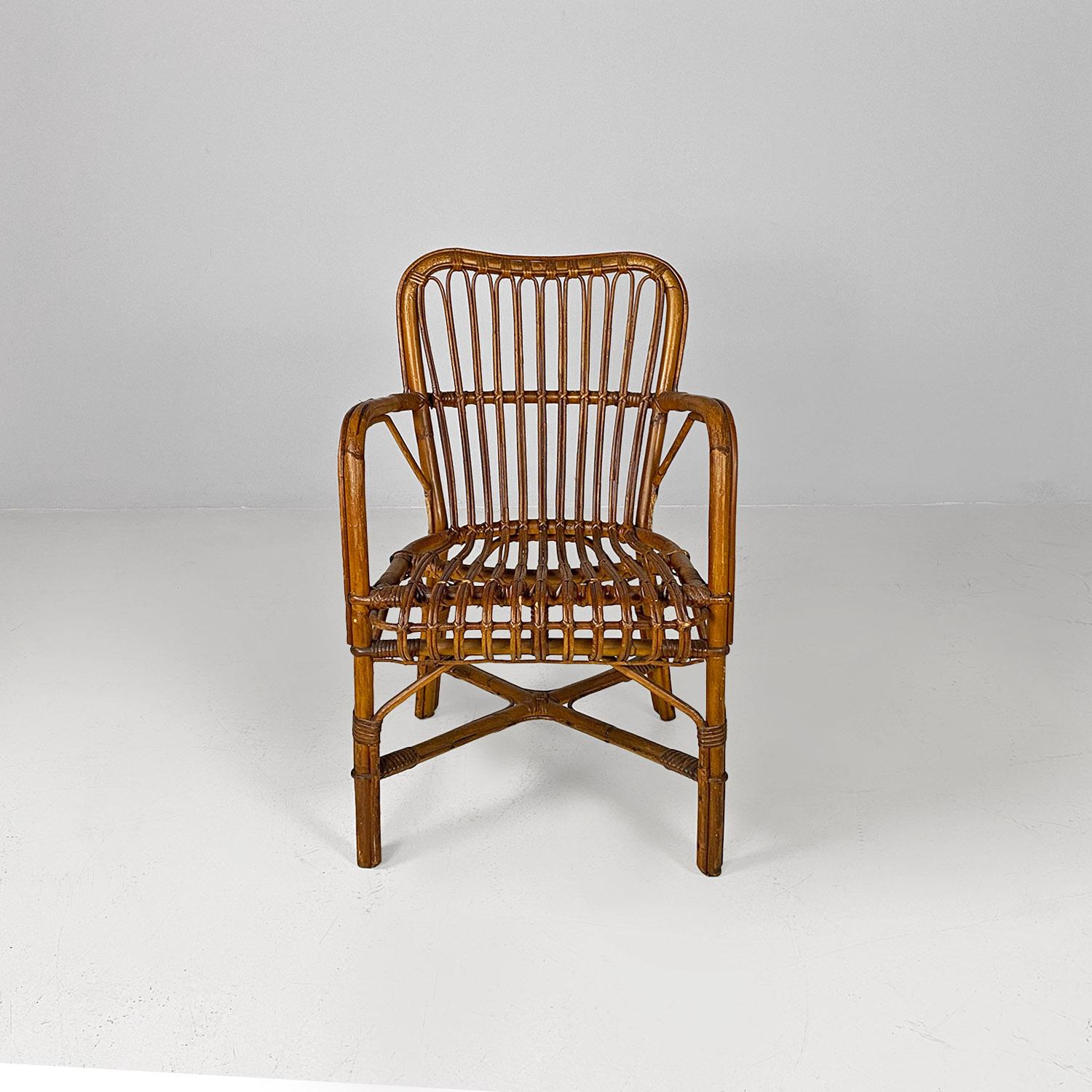 Mid-Century Modern Italian mid century modern four rattan armchairs with armrests, 1960s For Sale
