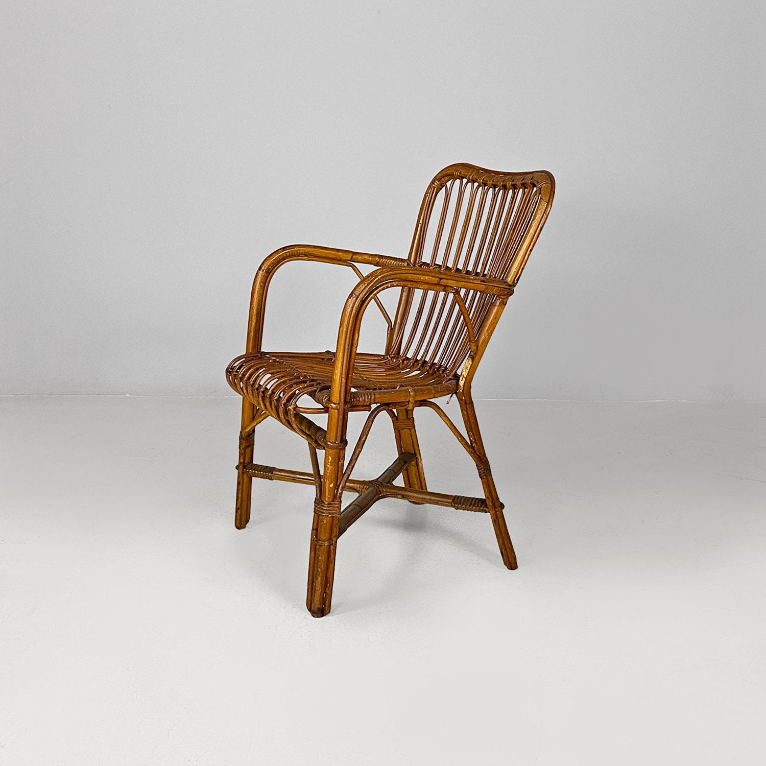 Italian mid century modern four rattan armchairs with armrests, 1960s In Good Condition For Sale In MIlano, IT
