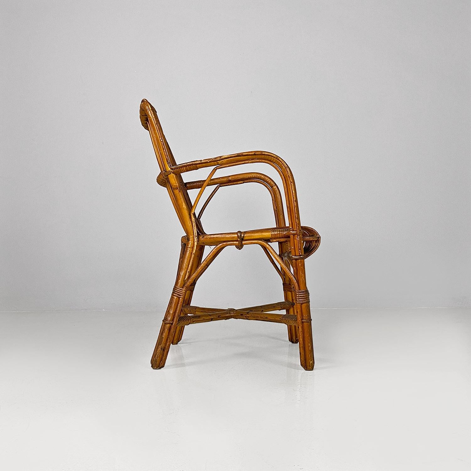 Mid-20th Century Italian mid century modern four rattan armchairs with armrests, 1960s For Sale