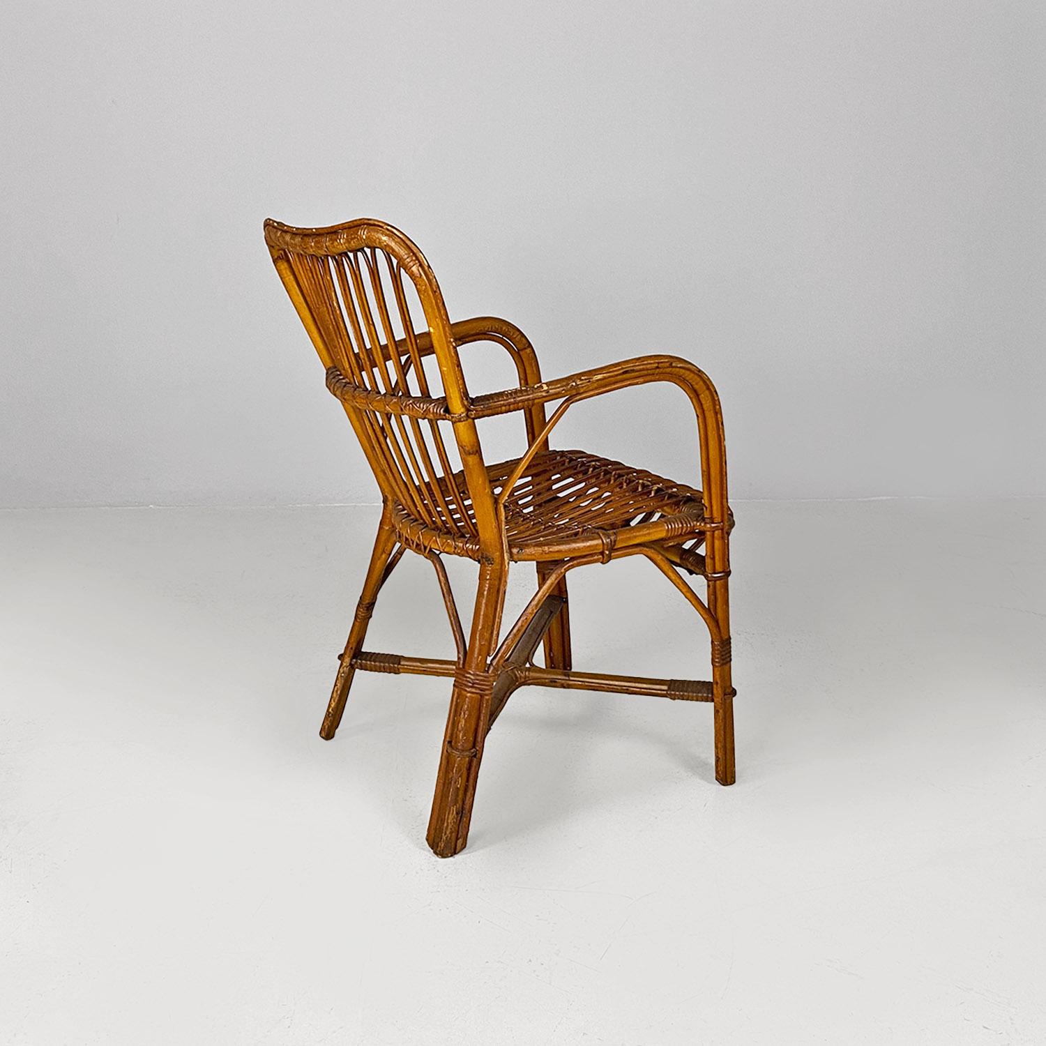 Rattan Italian mid century modern four rattan armchairs with armrests, 1960s For Sale