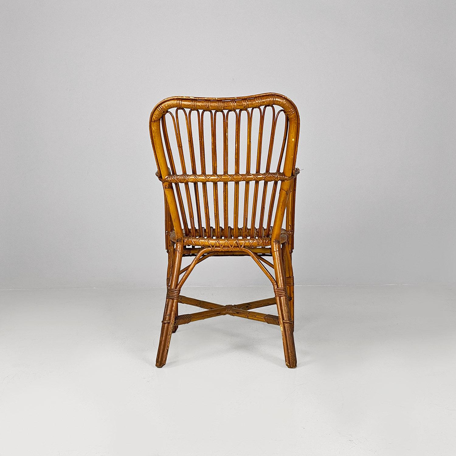 Italian mid century modern four rattan armchairs with armrests, 1960s For Sale 1