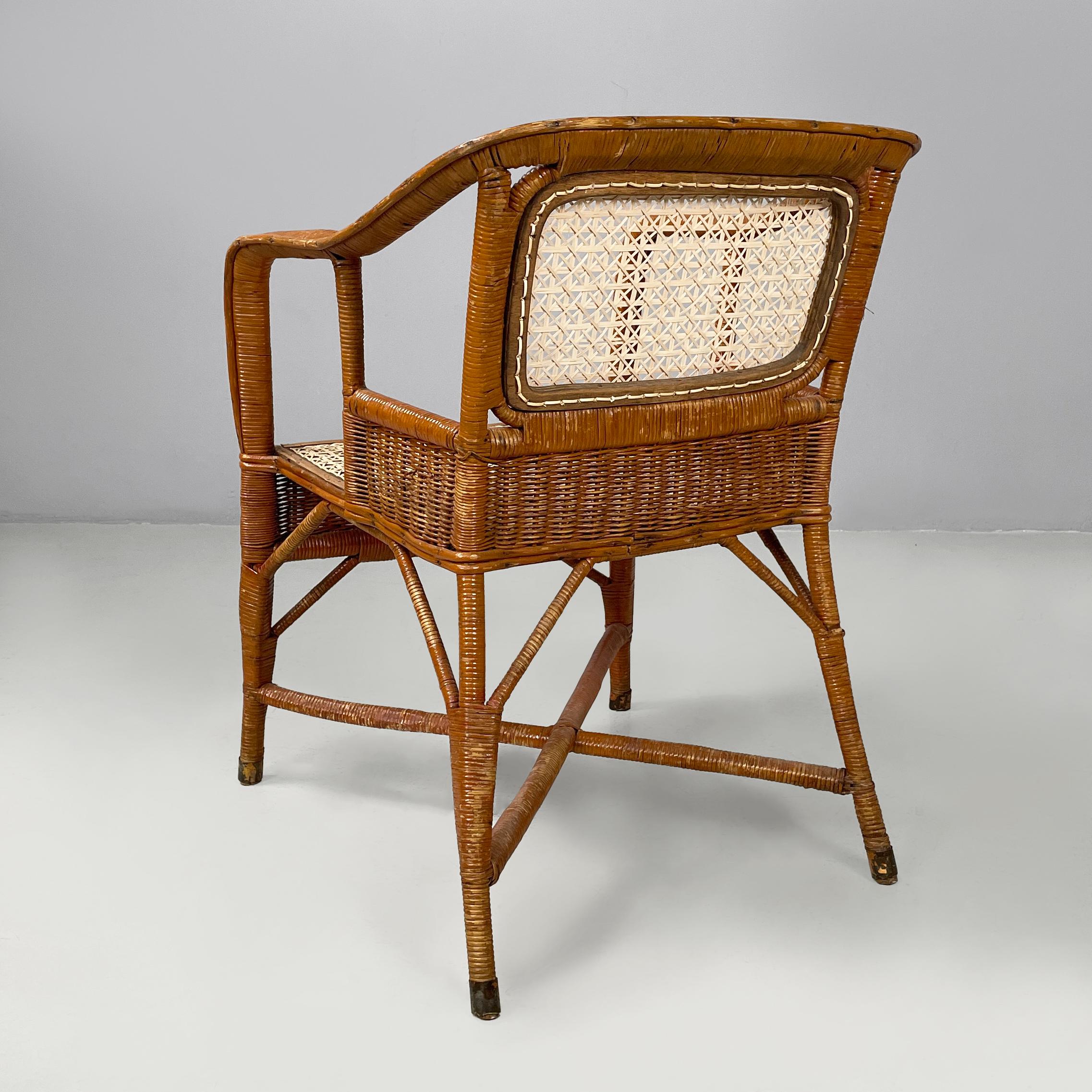 Sillones de jardín modernos italianos de mediados de siglo en ratán y paja, años 60 Italiano en venta