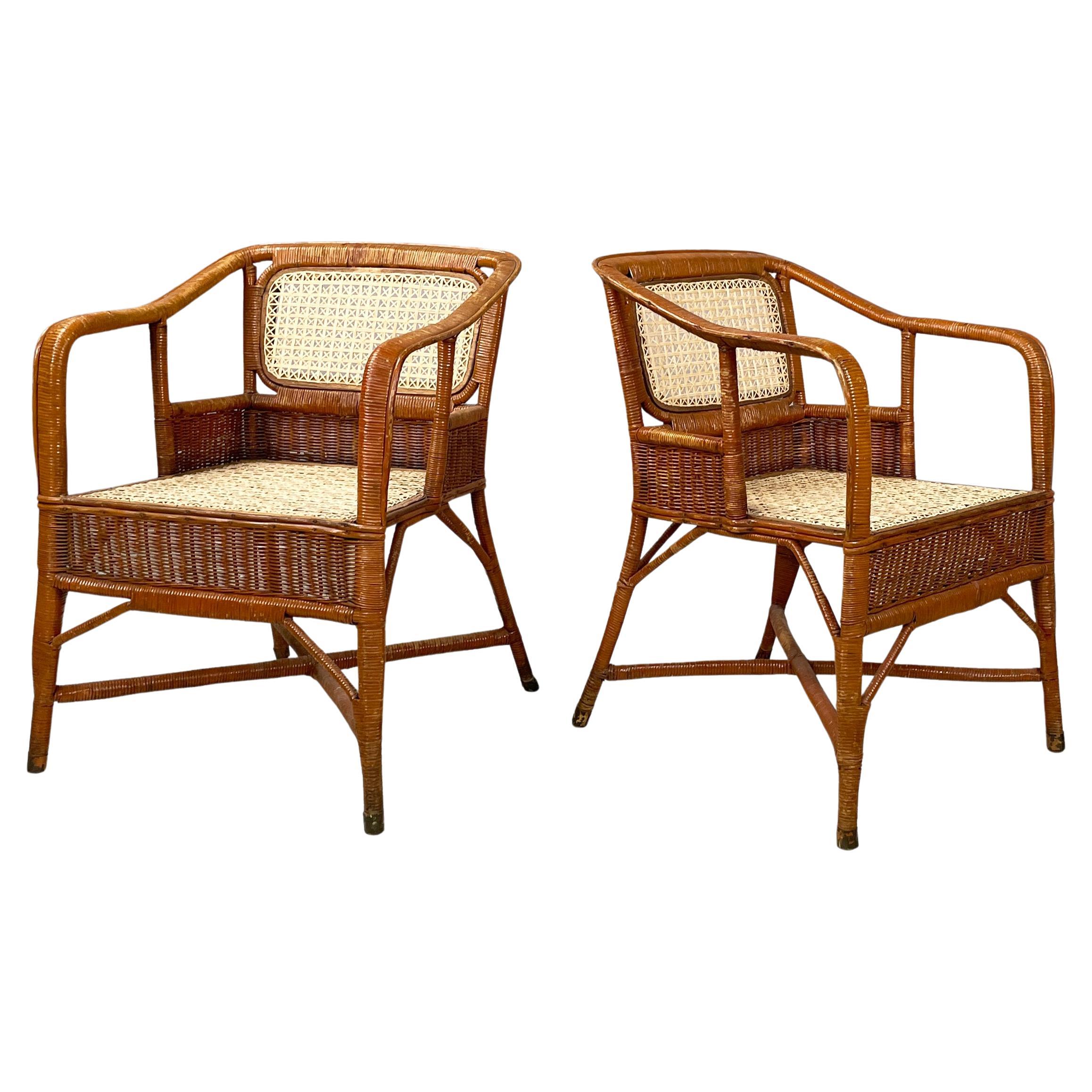 Fauteuils de jardin italiens modernes du milieu du siècle dernier en rotin et paille, années 1960