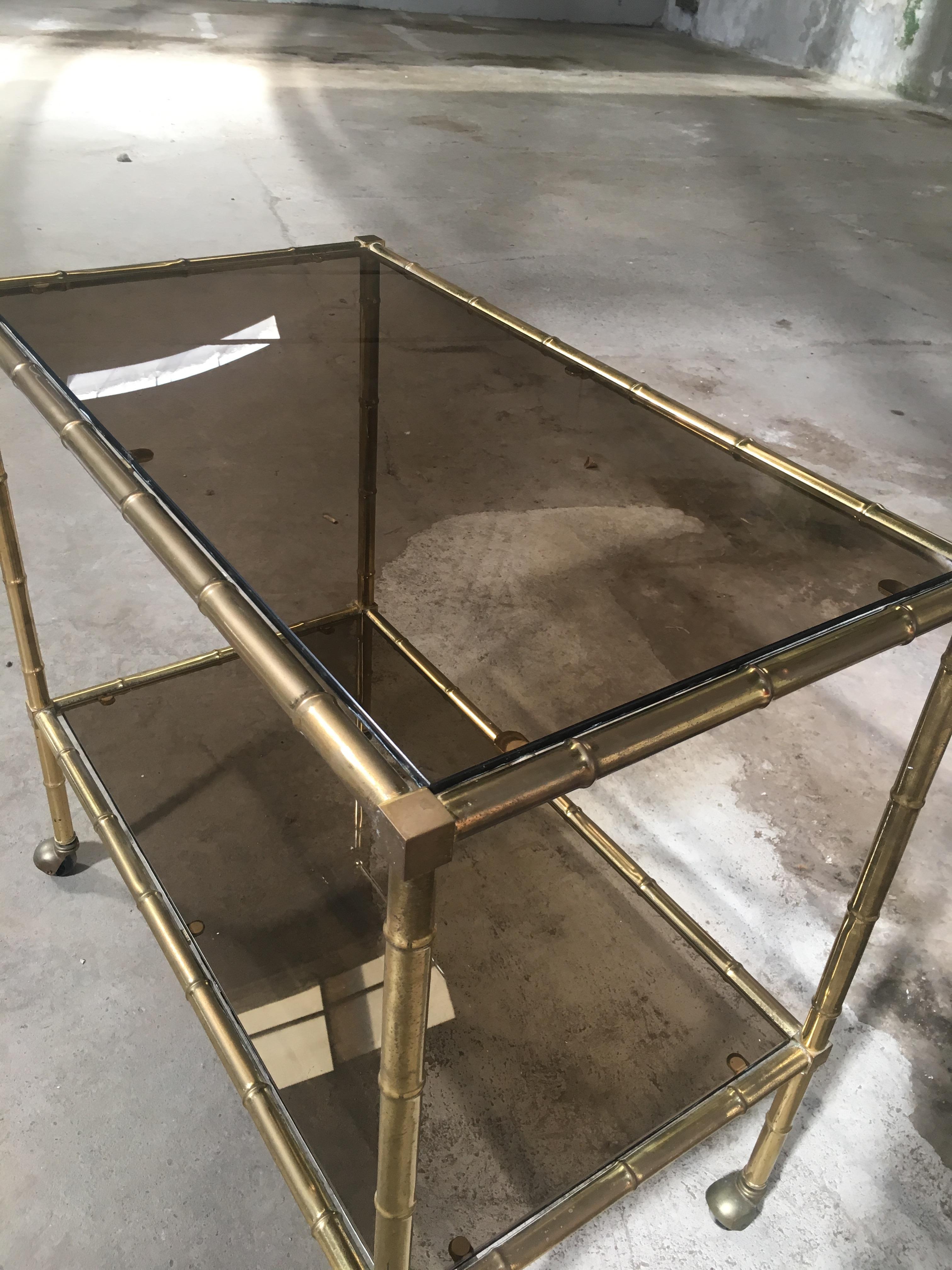 Late 20th Century Italian Mid-Century Modern Gilt Metal Faux Bamboo Bar Cart with Smoked Glasses
