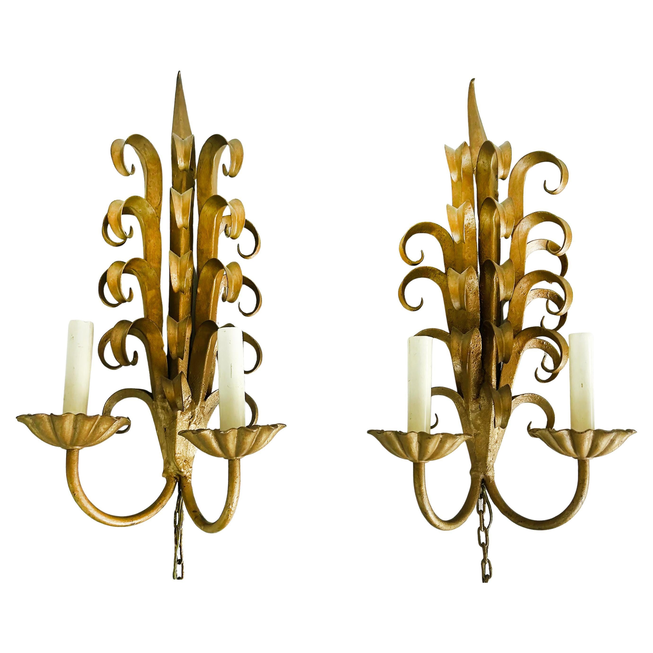 Italian Mid-century Modern Gilt Wrought Iron Sconces from a New York City Estate For Sale