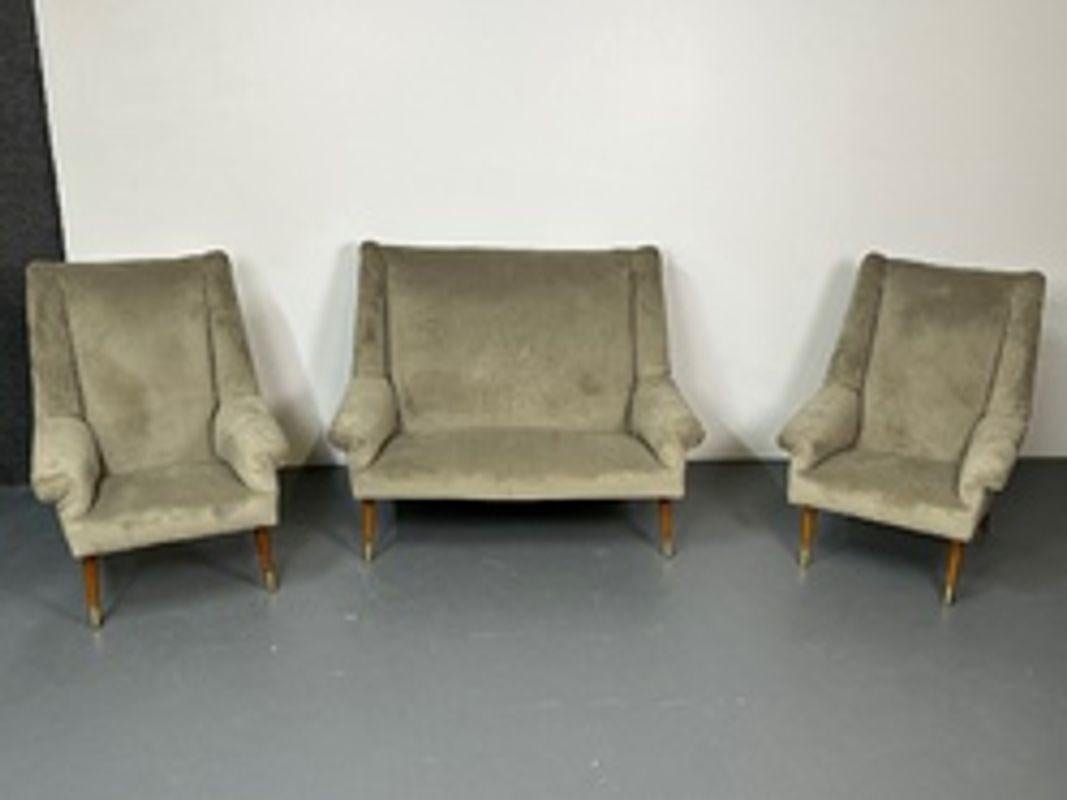Gio Ponti Style, Mid-Century Modern, Sofa, Lounge Chairs, Grey Velvet, Italy For Sale 4