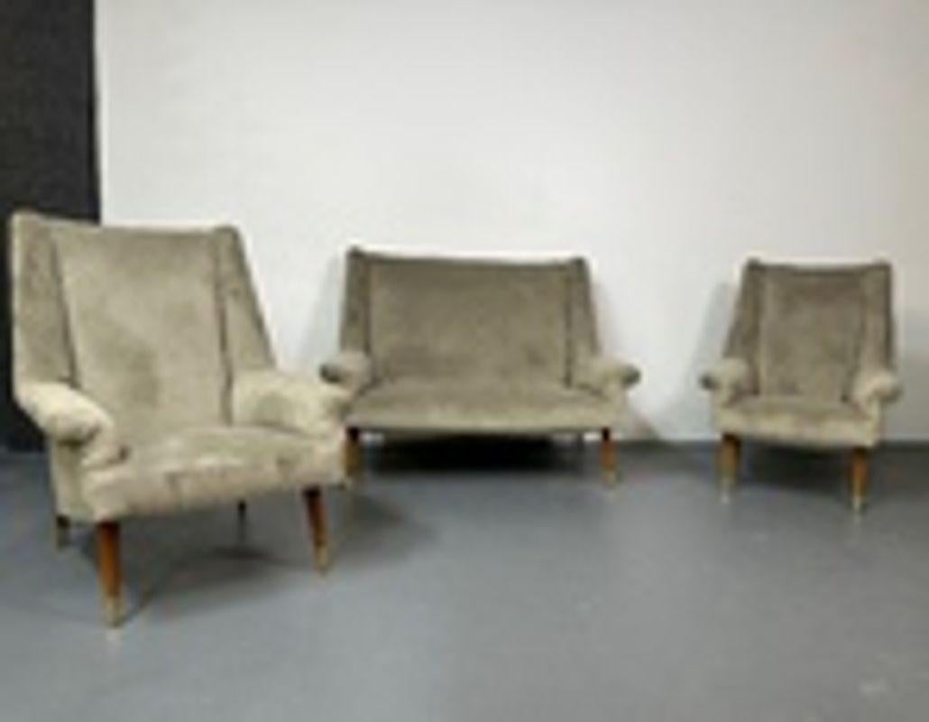 Gio Ponti Style, Mid-Century Modern, Sofa, Lounge Chairs, Grey Velvet, Italy For Sale 6