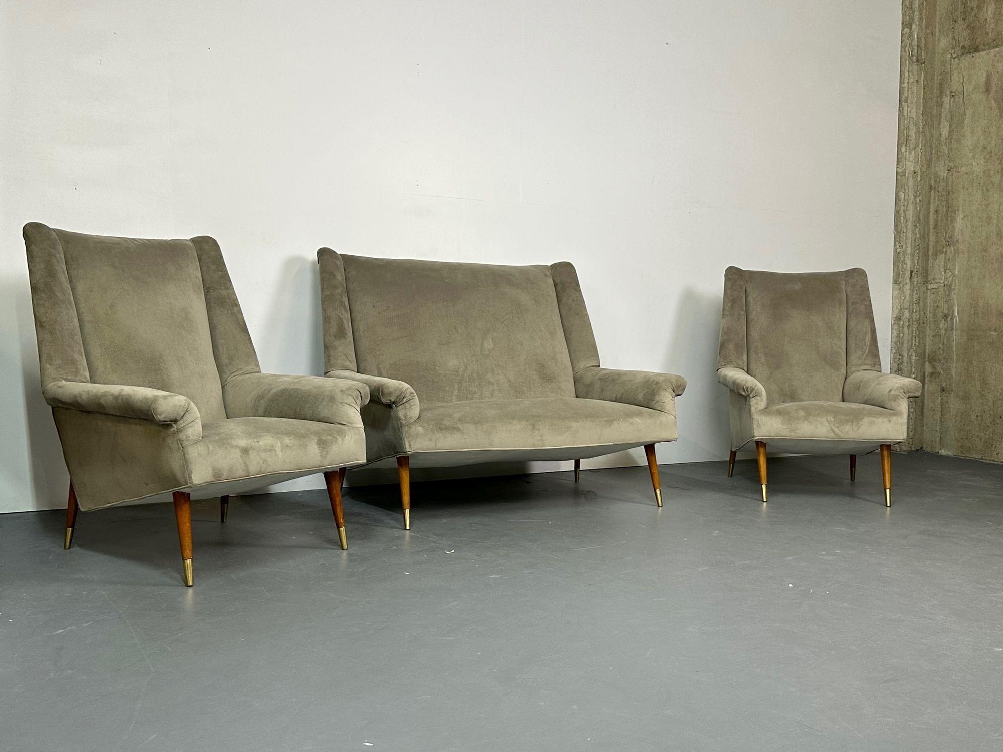 Italian Gio Ponti Style, Mid-Century Modern, Sofa, Lounge Chairs, Grey Velvet, Italy For Sale