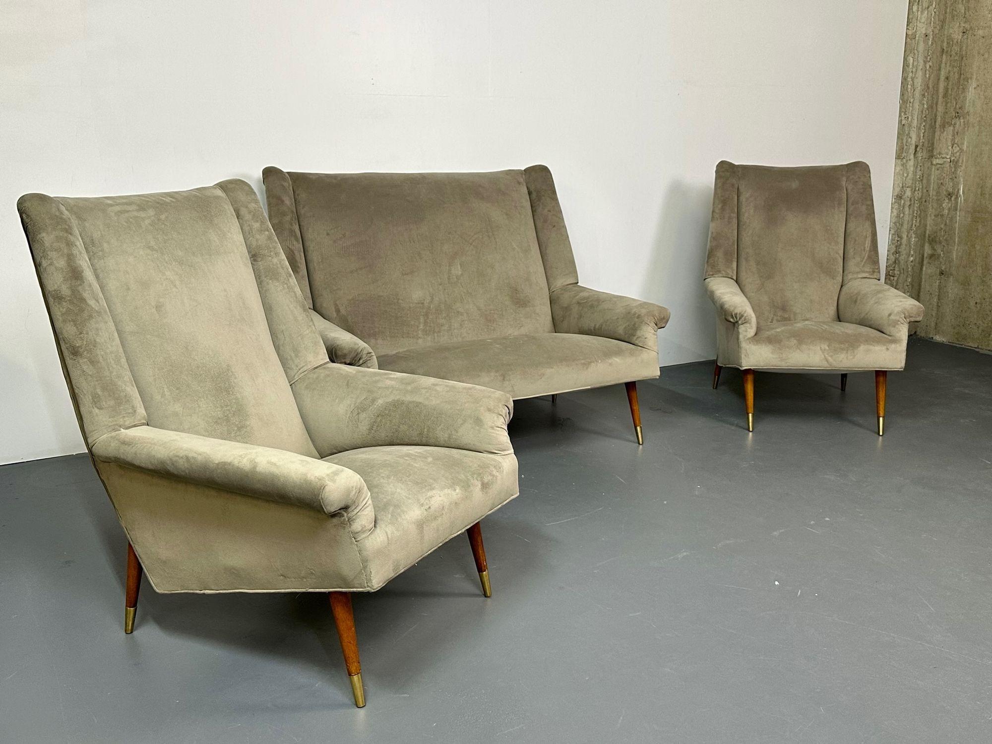 Gio Ponti Style, Mid-Century Modern, Sofa, Lounge Chairs, Grey Velvet, Italy In Good Condition For Sale In Stamford, CT