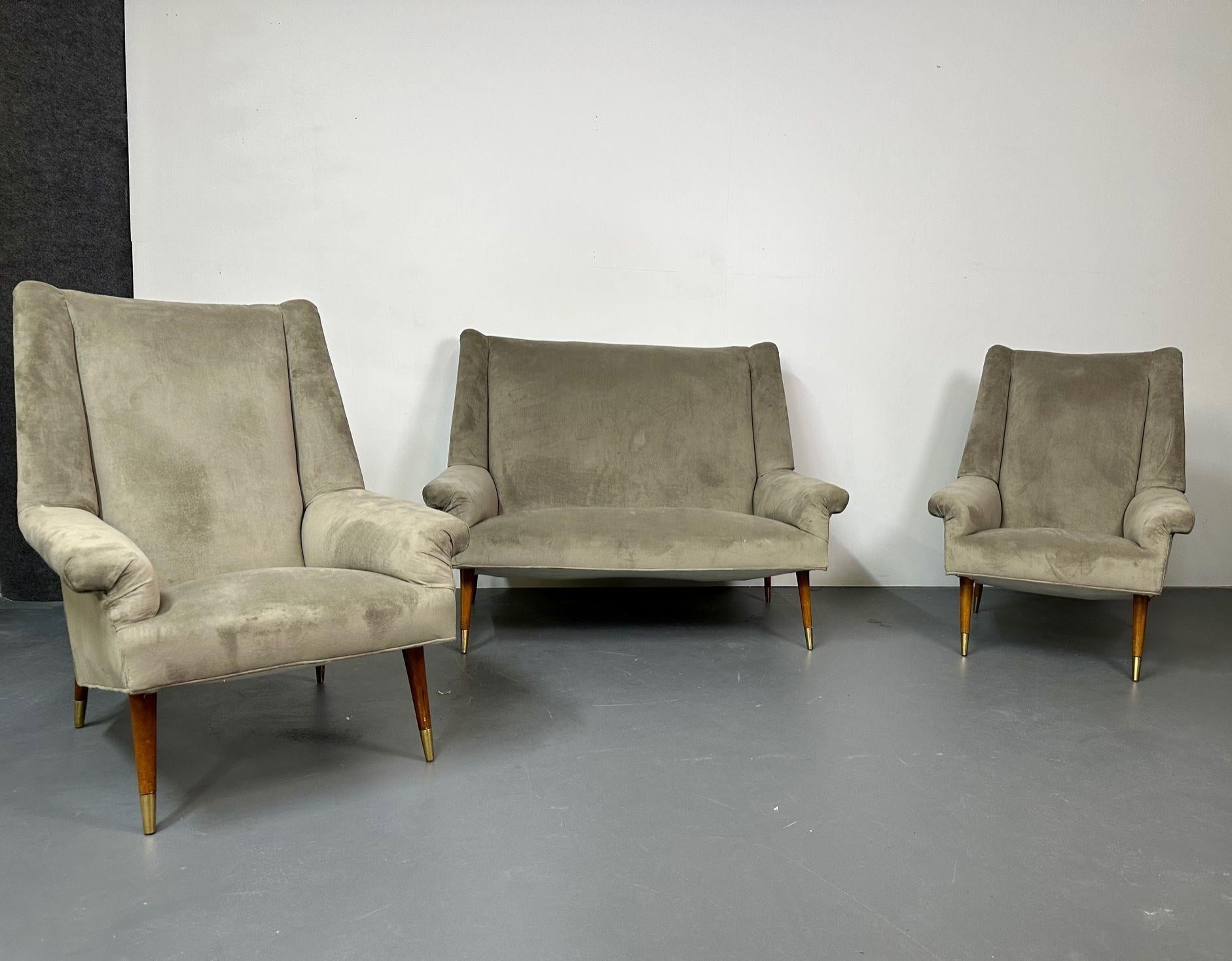 20th Century Gio Ponti Style, Mid-Century Modern, Sofa, Lounge Chairs, Grey Velvet, Italy For Sale