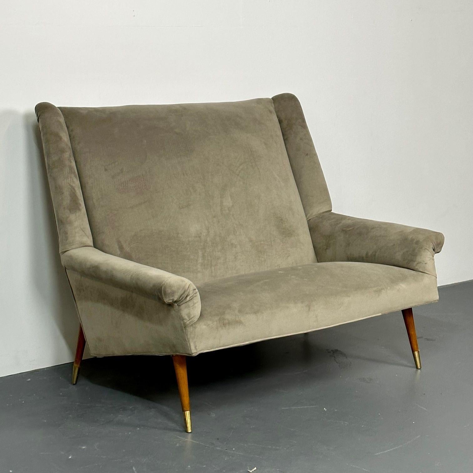 Italian Gio Ponti Style, Mid-Century Modern, Sofa, Grey Velvet, Wood, Italy, 1950s For Sale