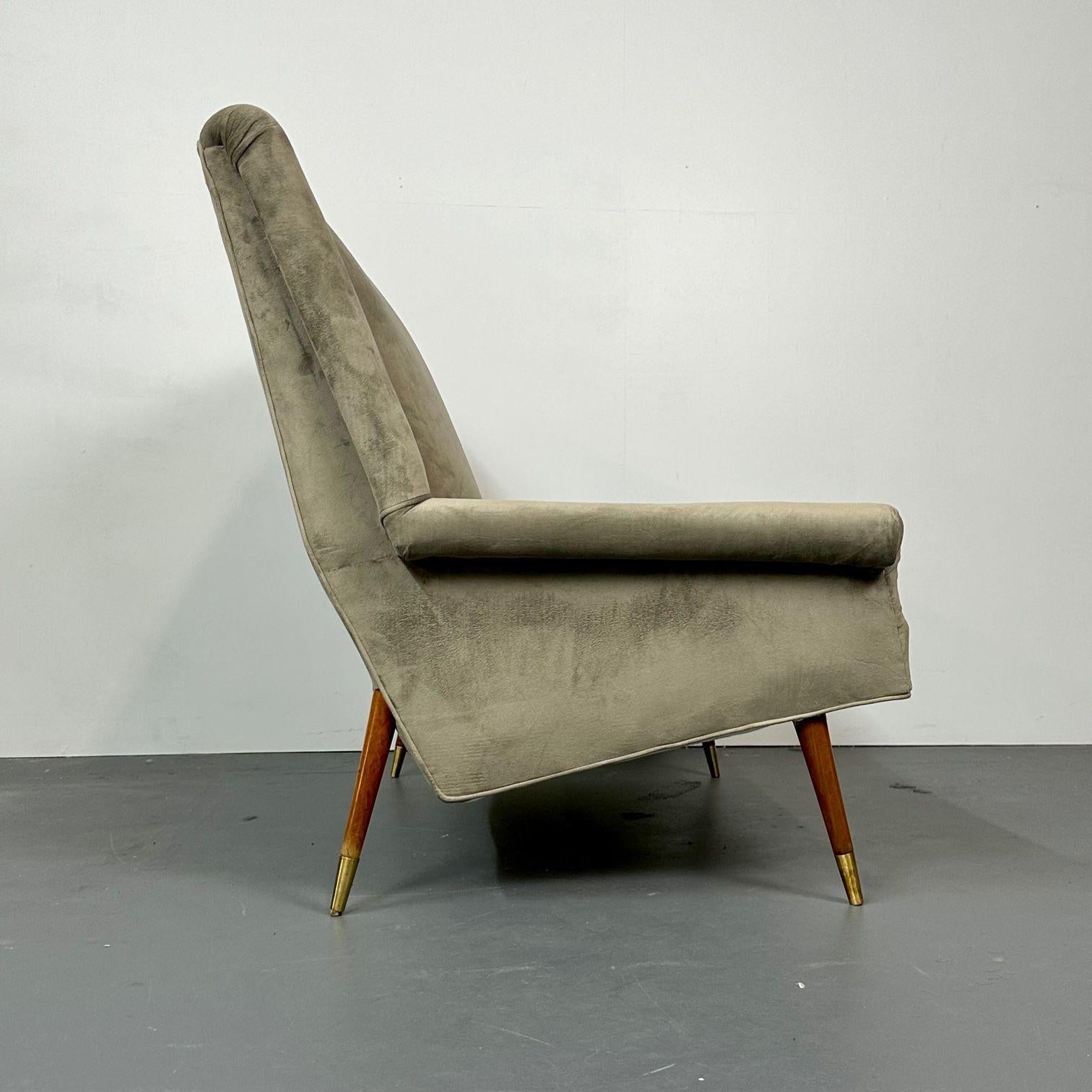 20th Century Gio Ponti Style, Mid-Century Modern, Sofa, Grey Velvet, Wood, Italy, 1950s For Sale