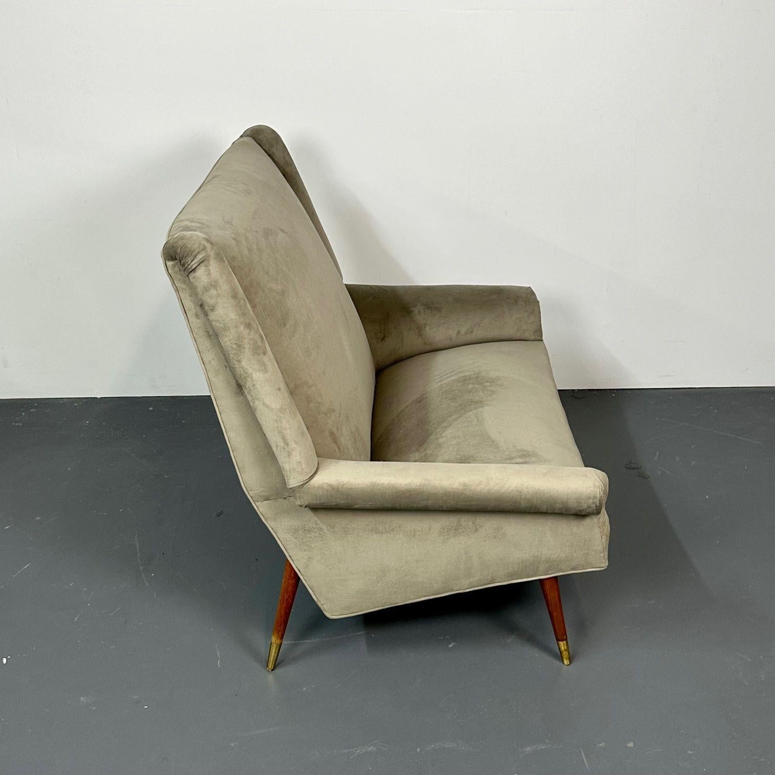 Fabric Gio Ponti Style, Mid-Century Modern, Sofa, Grey Velvet, Wood, Italy, 1950s For Sale