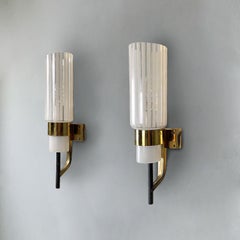 Italian mid-century modern glass and golden metal cylindrical wall sconces, 1960s