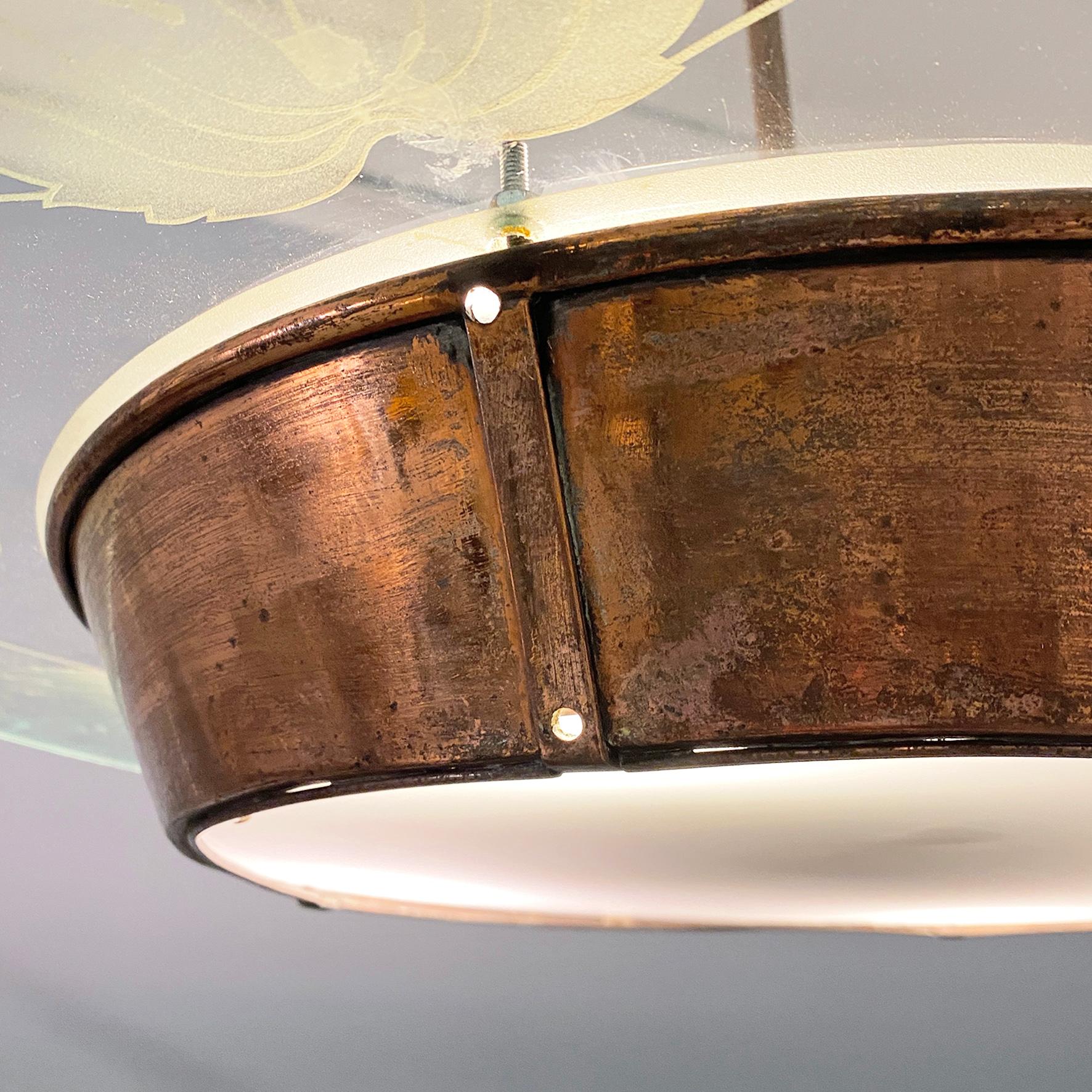 Italian mid-century modern glass chandelier with copper decoration, 1940s For Sale 4