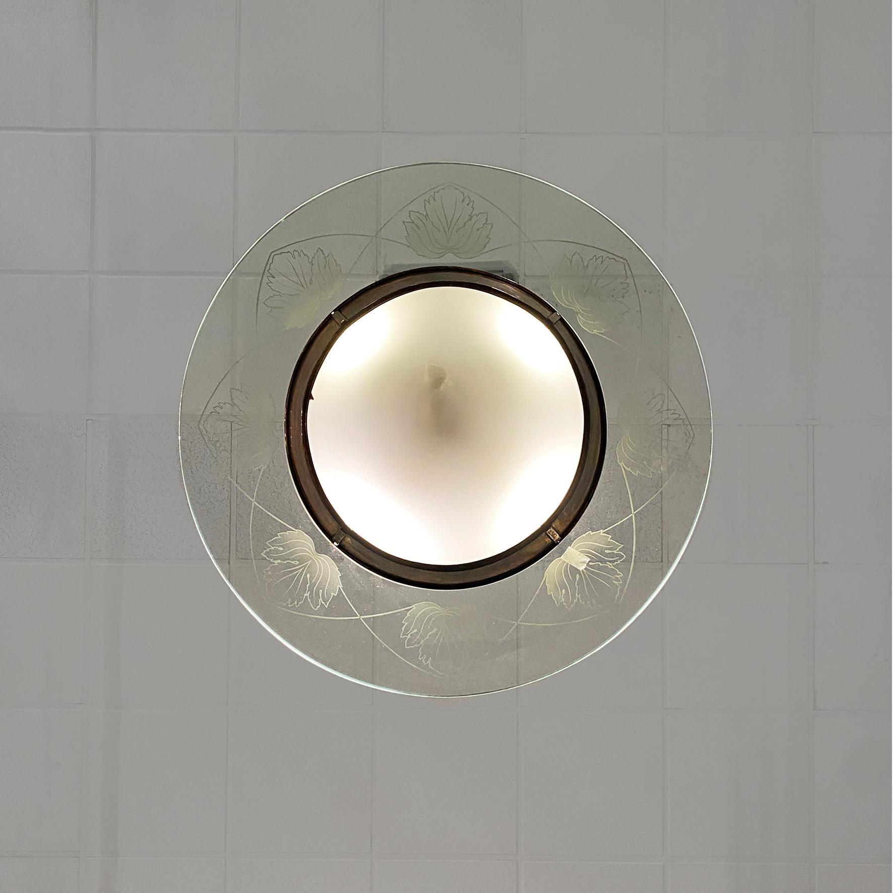 Italian mid-century modern glass chandelier with copper decoration, 1940s For Sale 6