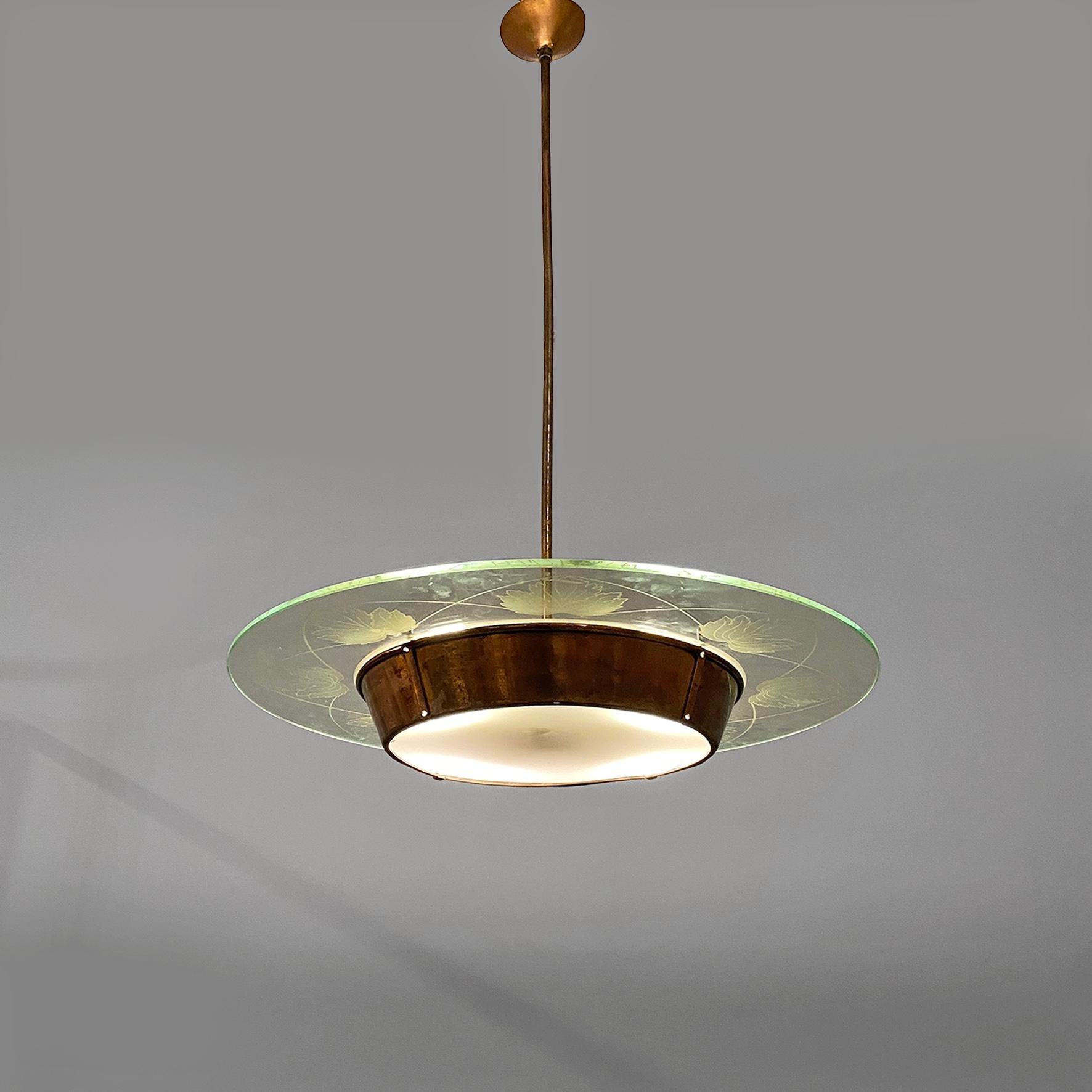 Italian mid-century modern glass chandelier with copper decoration, 1940s For Sale 10