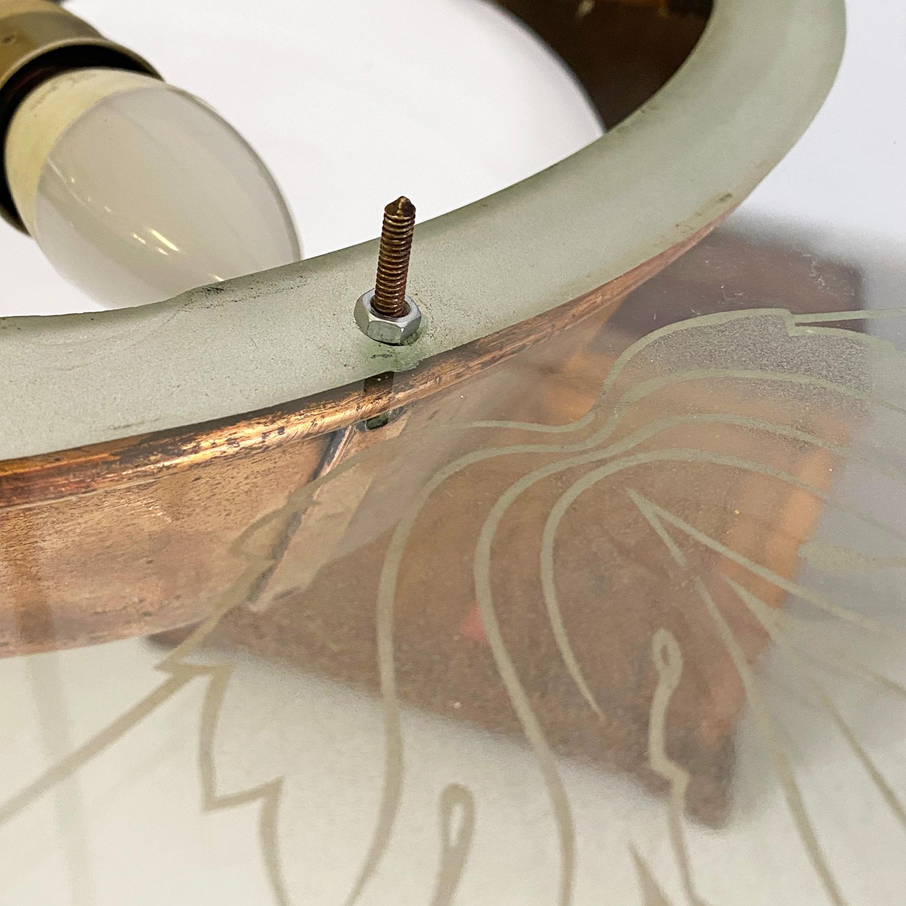 Italian mid-century modern glass chandelier with copper decoration, 1940s In Good Condition For Sale In MIlano, IT