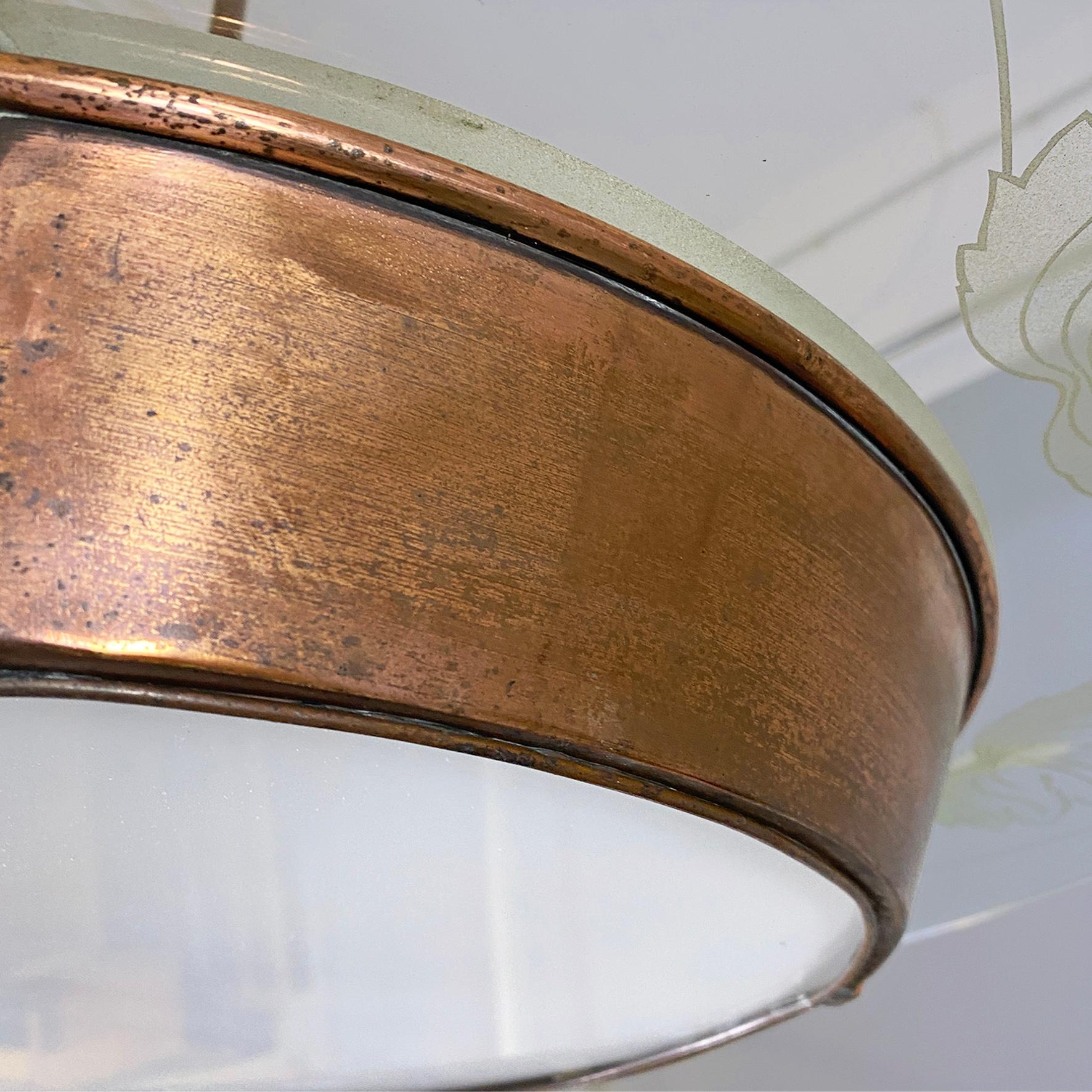 Italian mid-century modern glass chandelier with copper decoration, 1940s For Sale 2