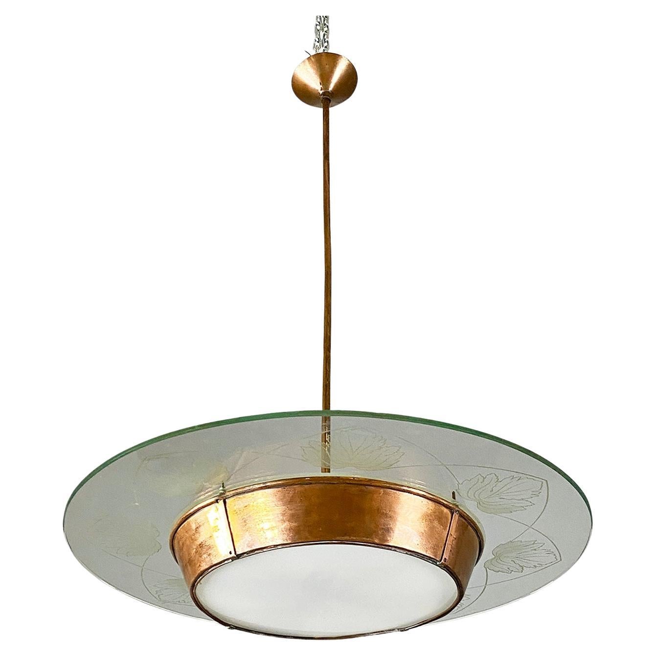Italian mid-century modern glass chandelier with copper decoration, 1940s For Sale