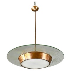 Italian mid-century modern glass chandelier with copper decoration, 1940s