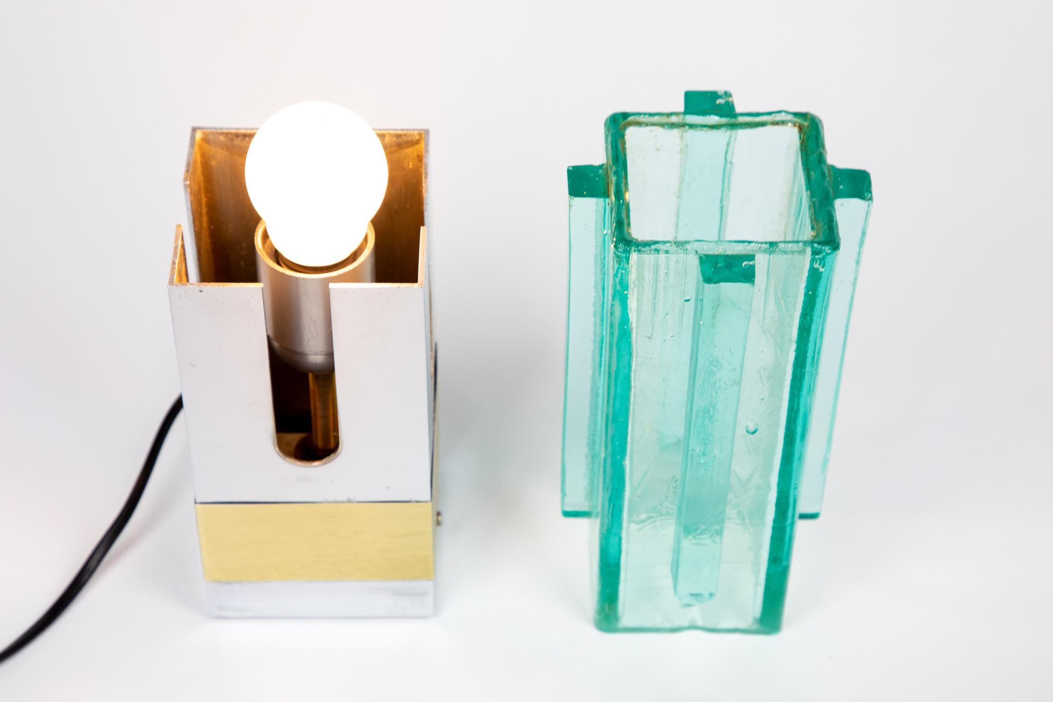 Pair of  Table Lamps in Turquoise Glass, Brass and Chrome, Italy, 1970s For Sale 3