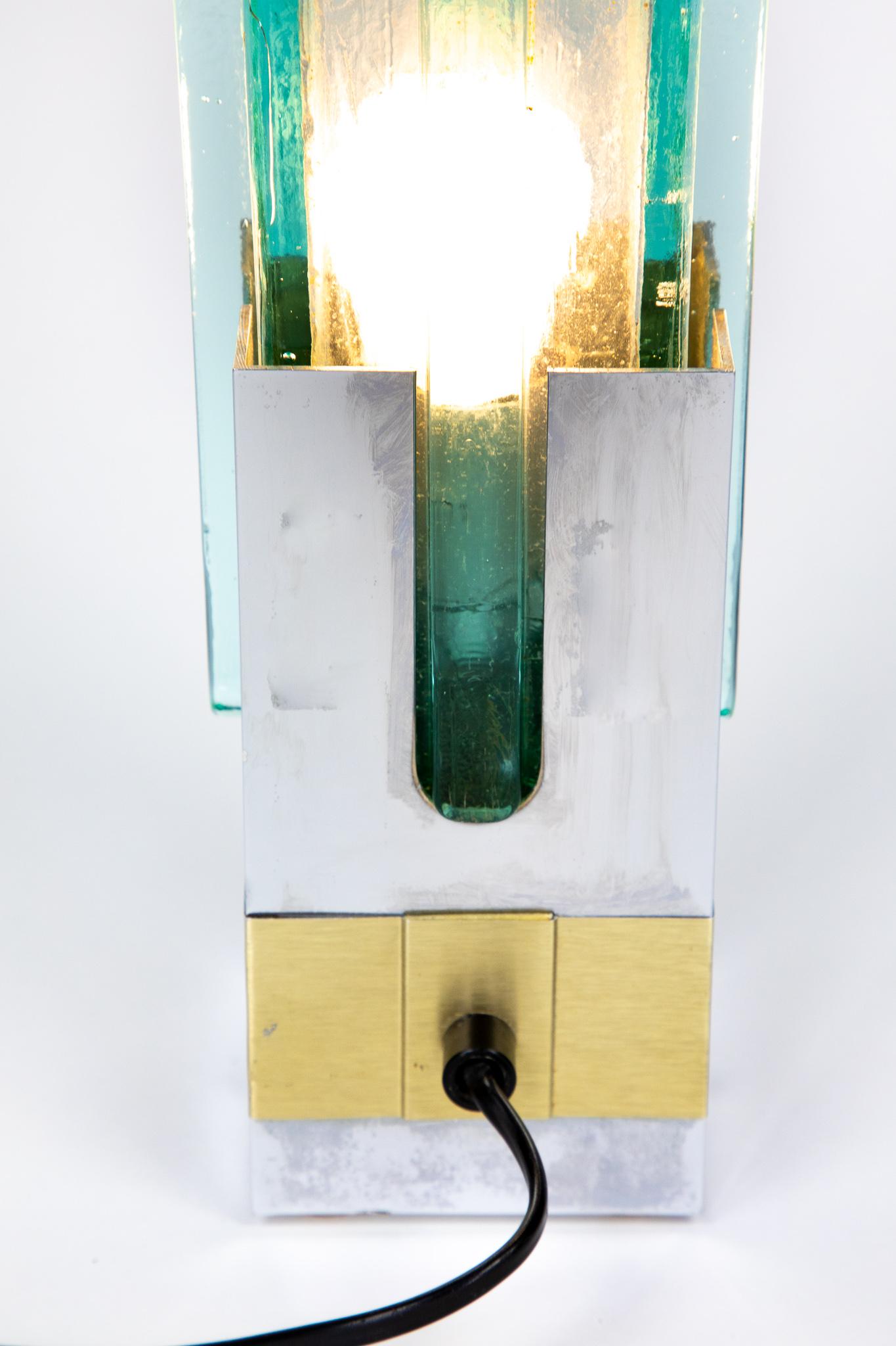 Pair of  Table Lamps in Turquoise Glass, Brass and Chrome, Italy, 1970s For Sale 4