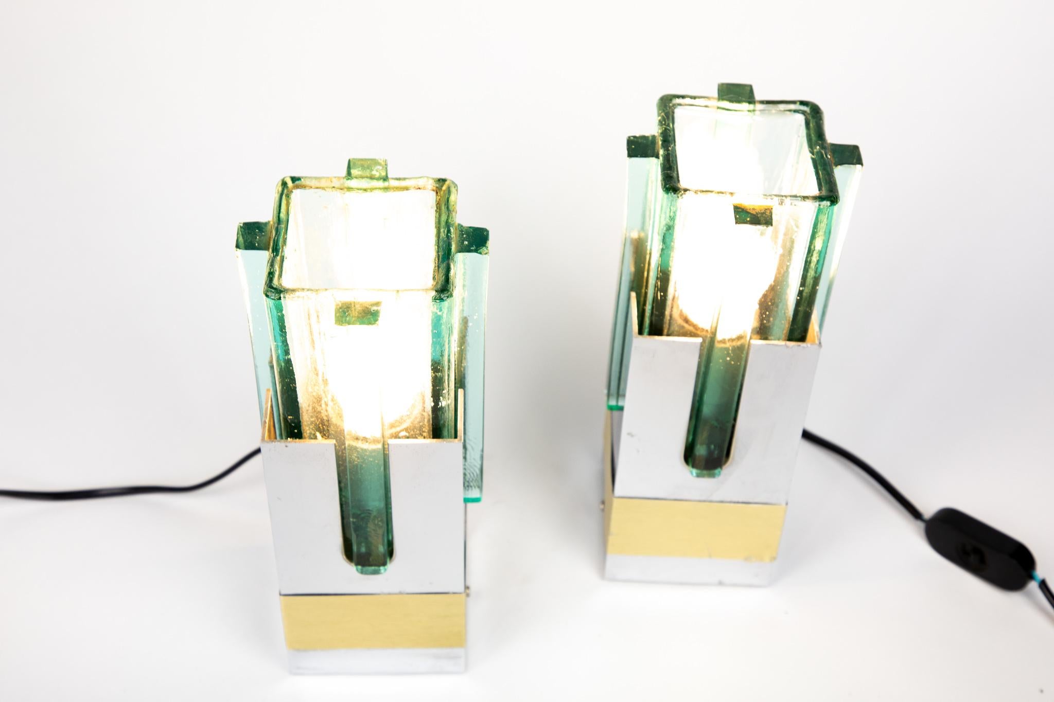 Italian Pair of  Table Lamps in Turquoise Glass, Brass and Chrome, Italy, 1970s For Sale