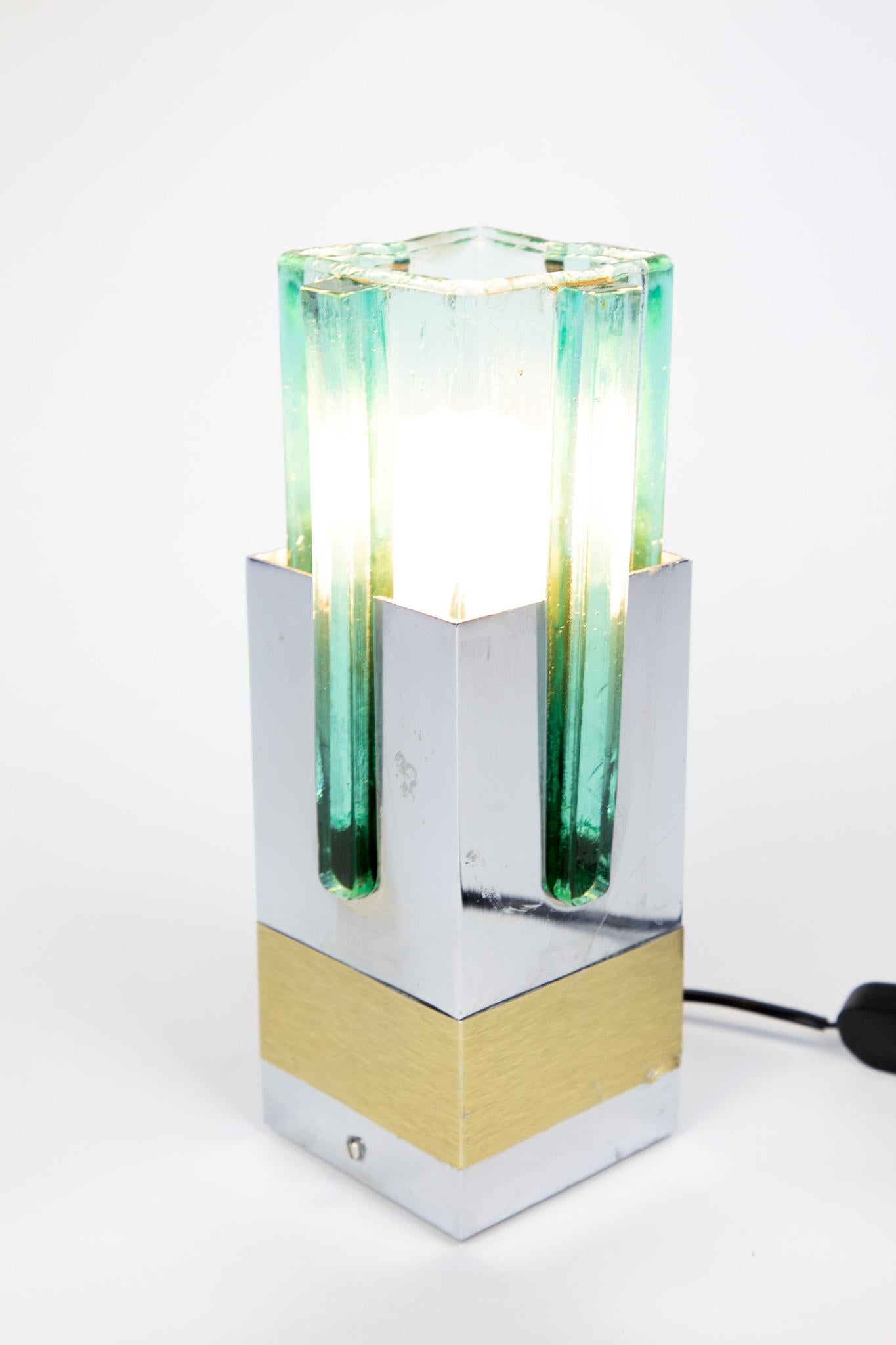 Late 20th Century Pair of  Table Lamps in Turquoise Glass, Brass and Chrome, Italy, 1970s For Sale