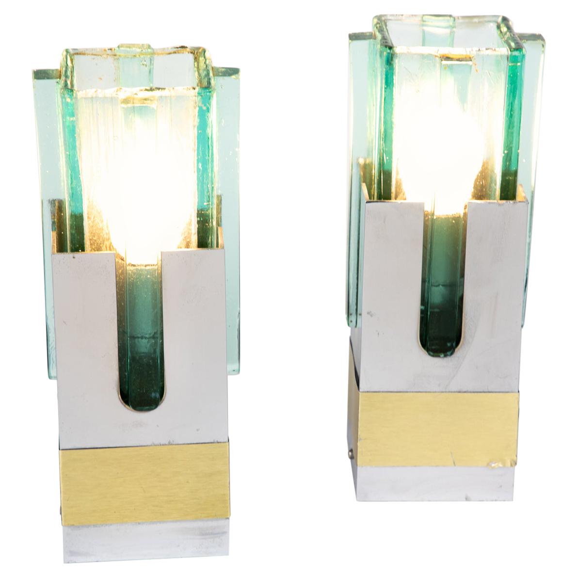 Pair of  Table Lamps in Turquoise Glass, Brass and Chrome, Italy, 1970s For Sale