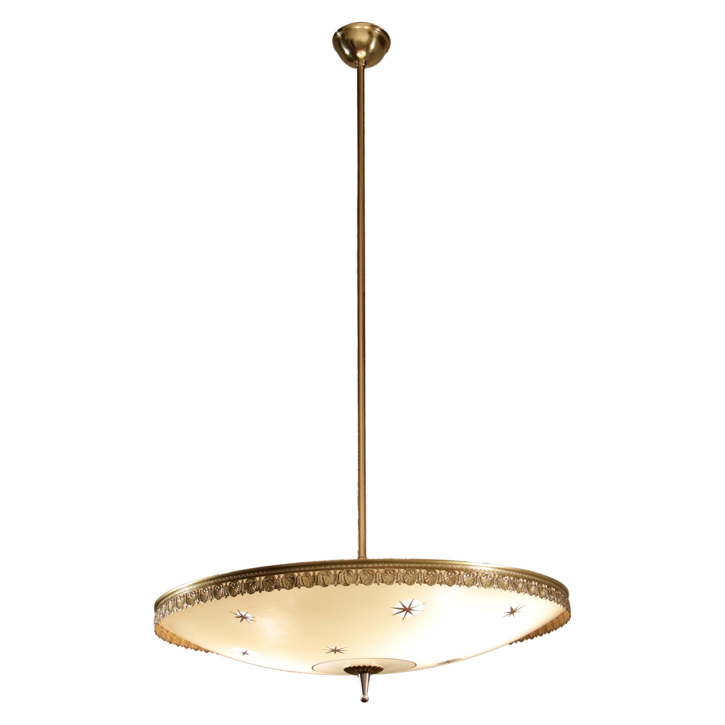 Italian Mid-Century Modern glass disk chandelier from the 1950s, polished brass structure, the shell edging adds decorative flair in glossy nickel. The restoration was made with great care by a specialized craftsman to bring back this piece's