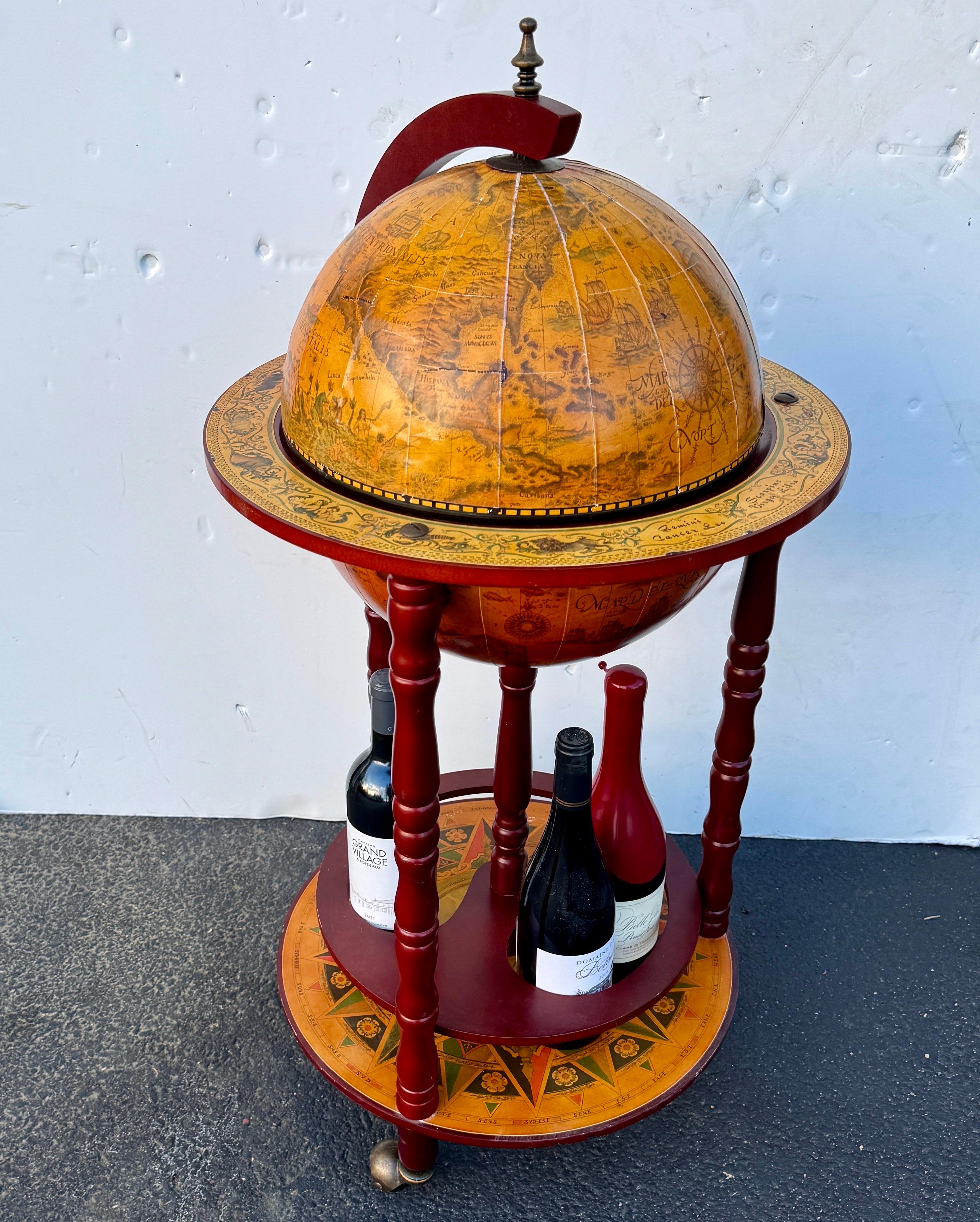 Italian Mid-Century Modern Globe Zodiac Bar Cart In Good Condition In Haddonfield, NJ
